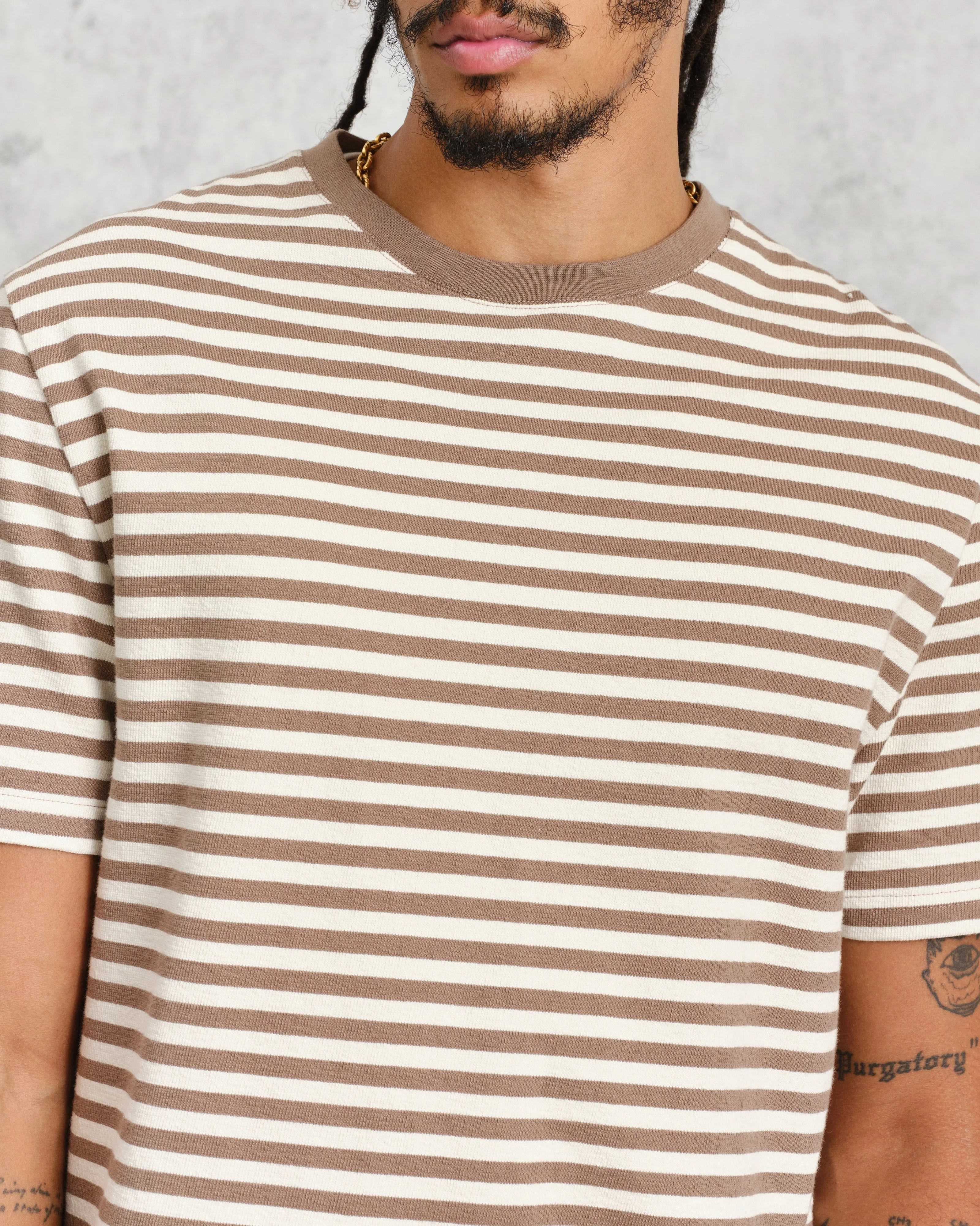 Dean - Walnut/Ecru Striped Textured Organic Cotton T-Shirt sold by Wax London product image thumbnail 3