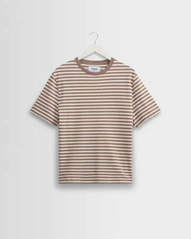 Dean - Walnut/Ecru Striped Textured Organic Cotton T-Shirt made by Wax London