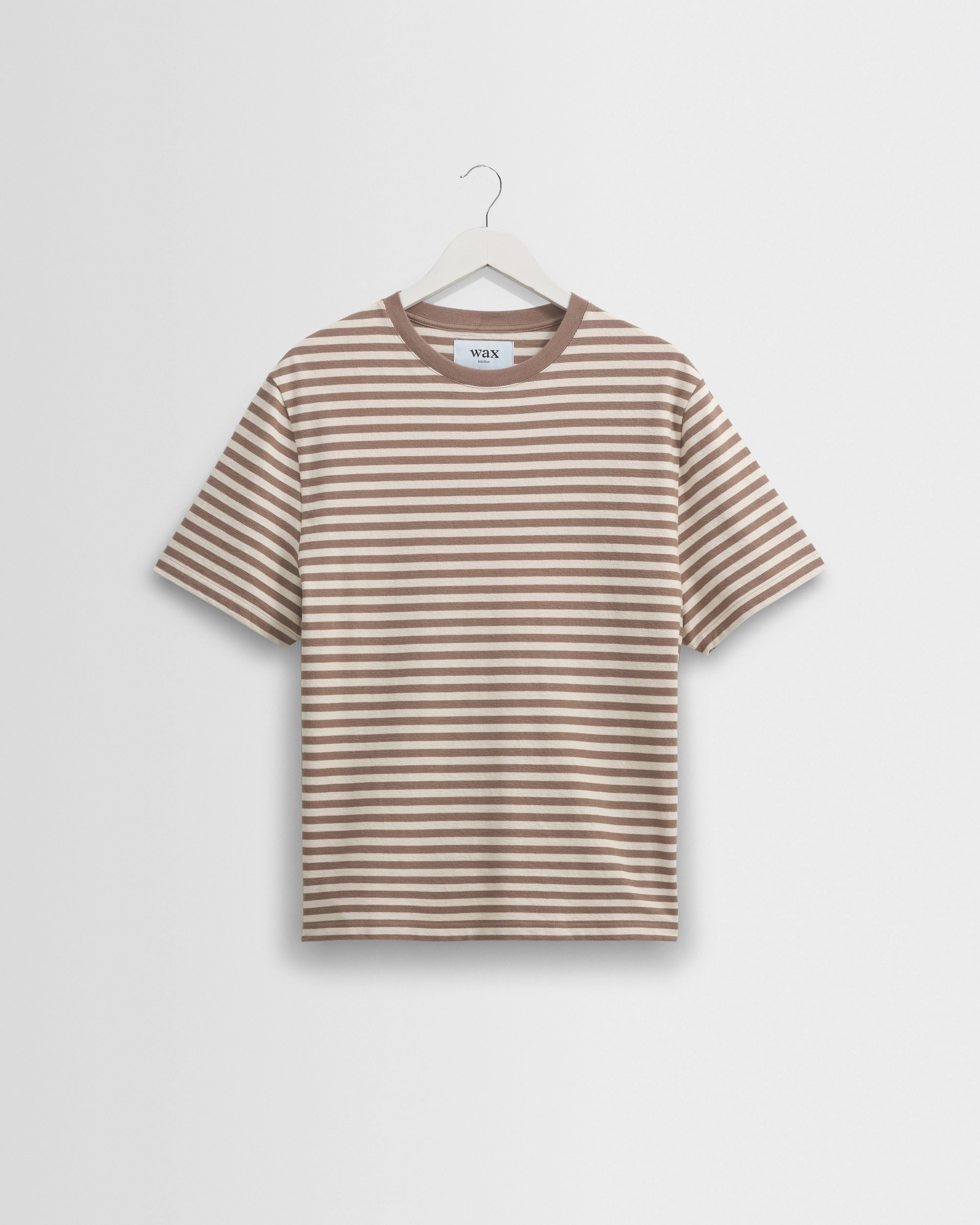 Dean - Walnut/Ecru Striped Textured Organic Cotton T-Shirt sold by Wax London