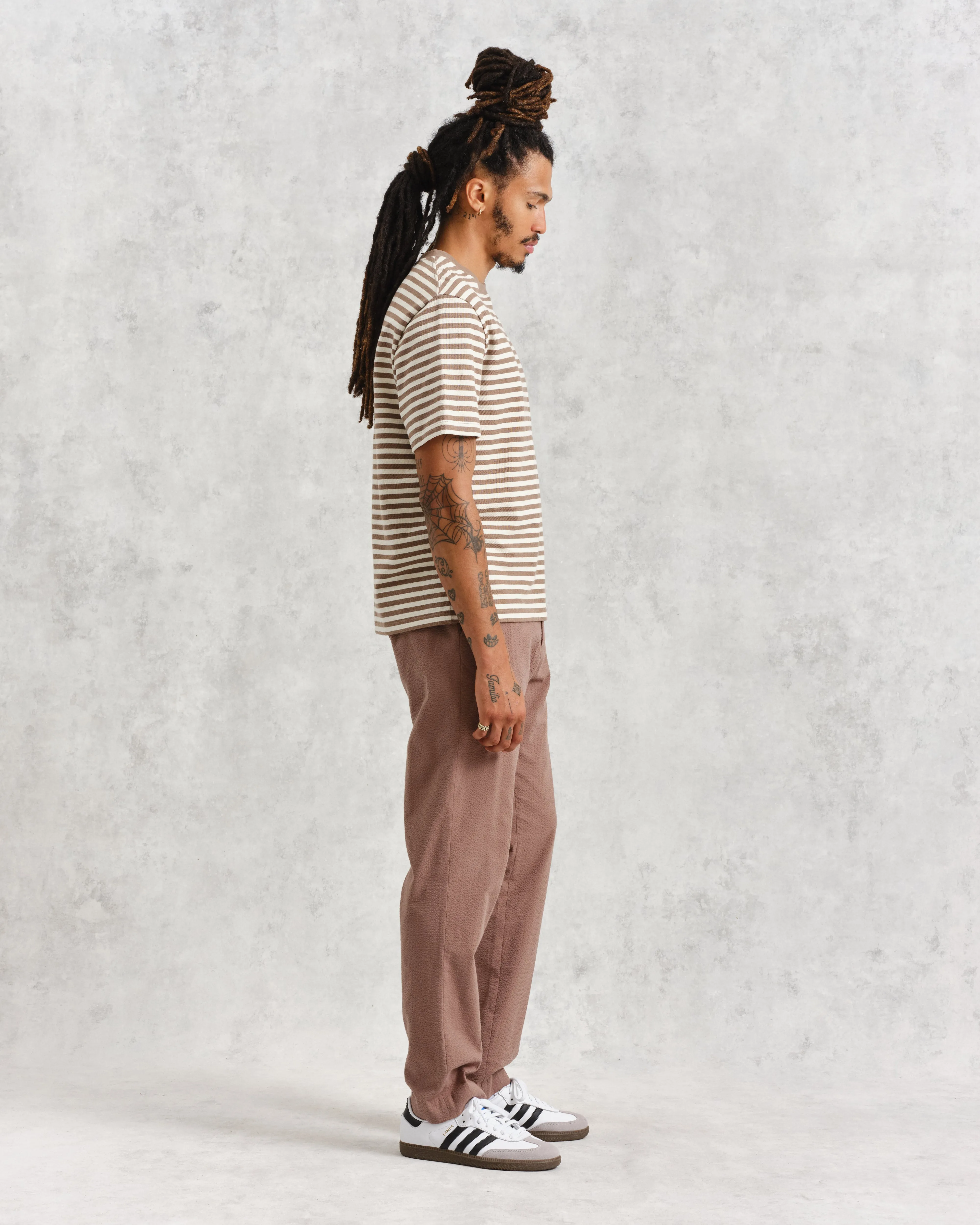 Dean - Walnut/Ecru Striped Textured Organic Cotton T-Shirt sold by Wax London product image thumbnail 5