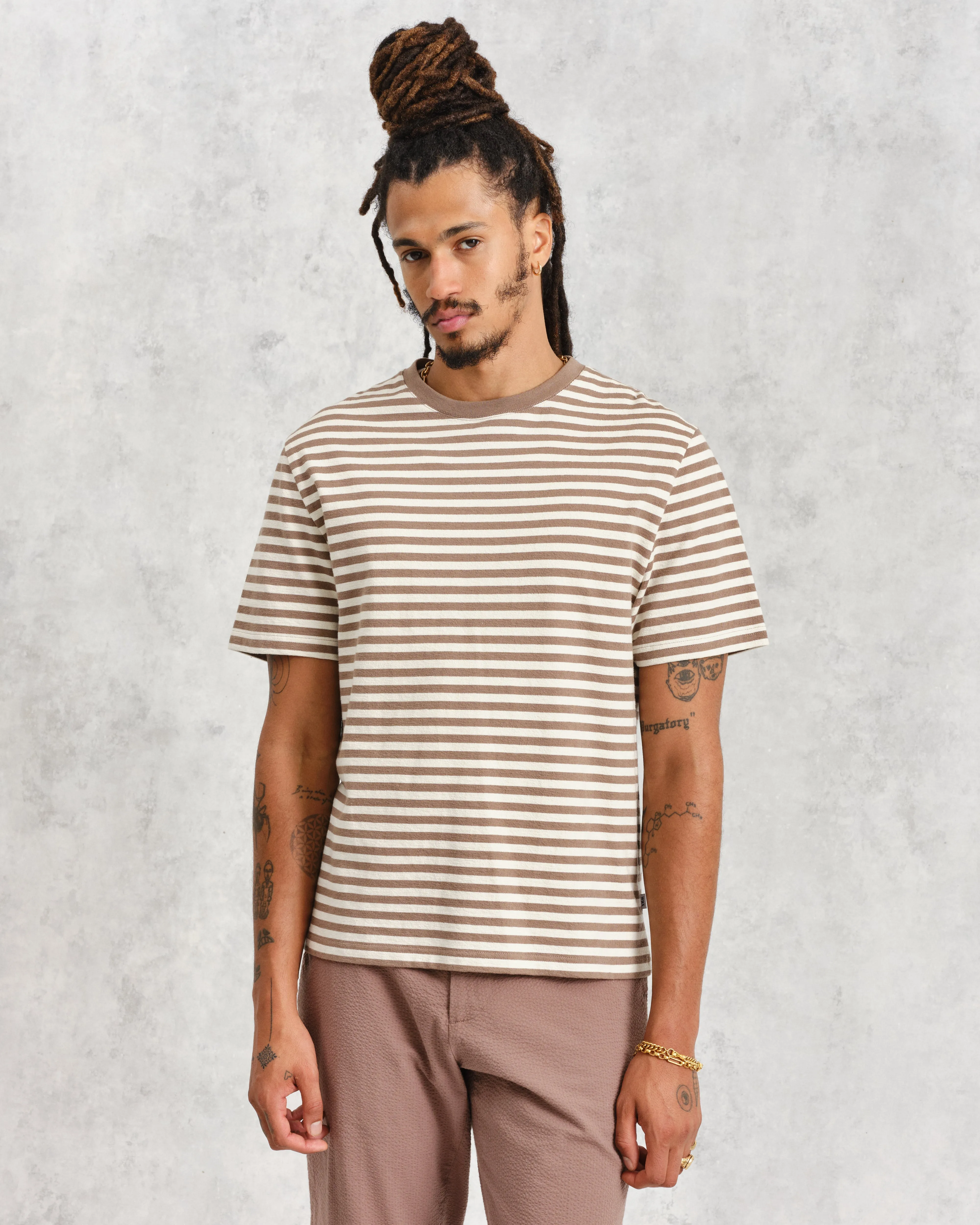Dean - Walnut/Ecru Striped Textured Organic Cotton T-Shirt sold by Wax London product image thumbnail 2