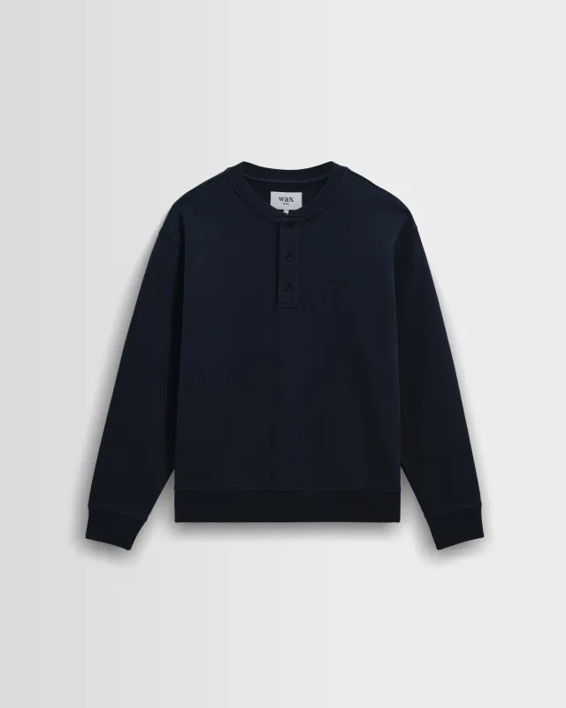 Bedford - Washed Navy Loopback Organic Cotton Henley Sweatshirt made by Wax London