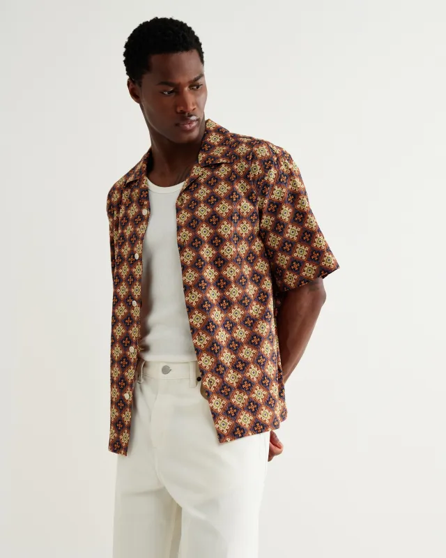 Didcot - Rust Tile Print Seersucker Short-Sleeve Shirt made by Wax London