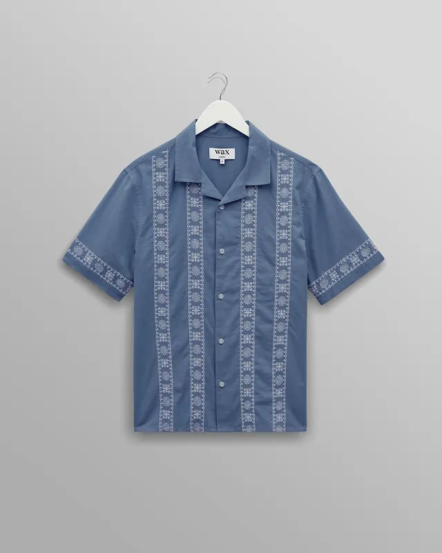 Didcot - Blue And Ecru Embroidered Short-Sleeve Shirt made by Wax London