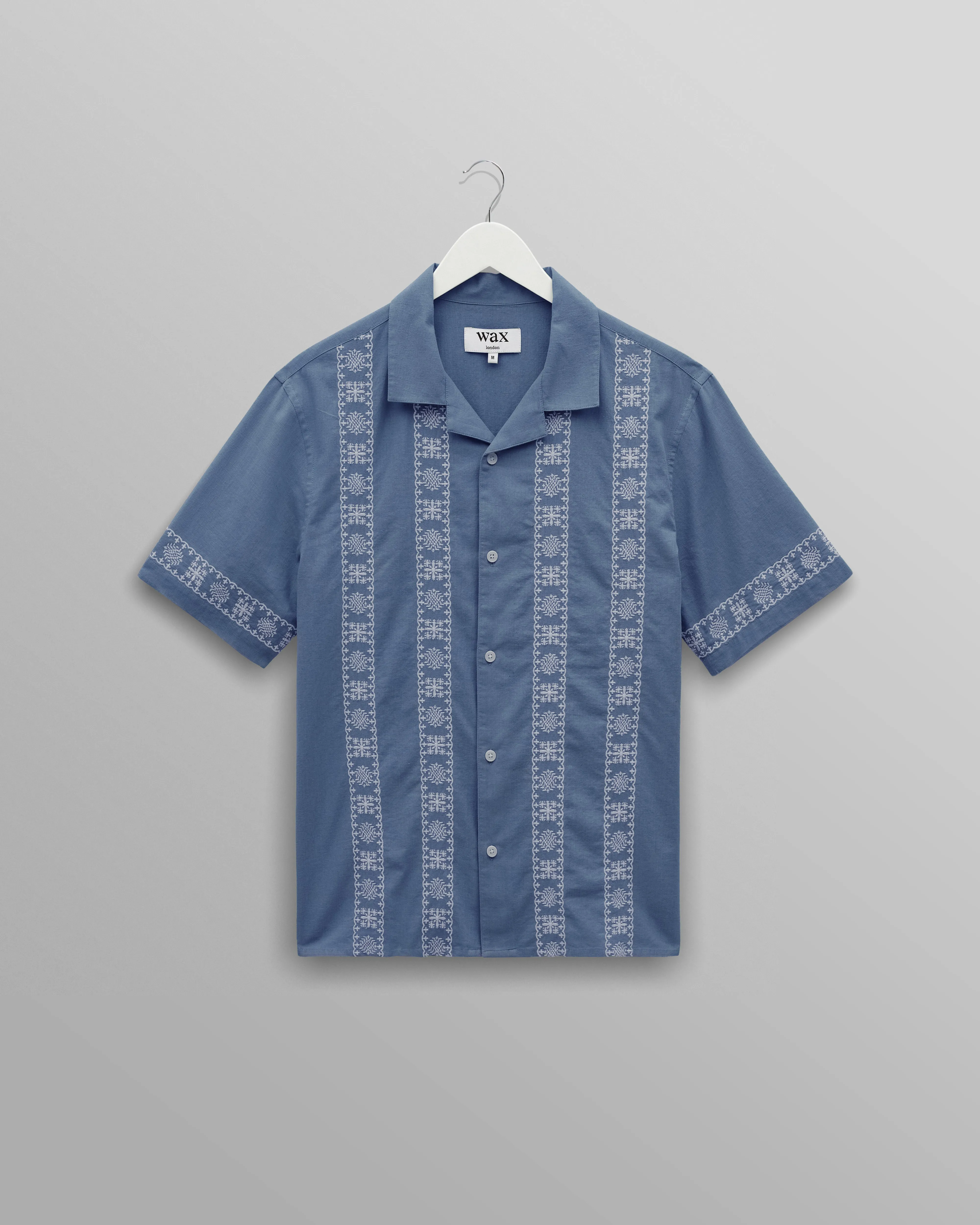 Didcot - Blue And Ecru Embroidered Short-Sleeve Shirt sold by Wax London
