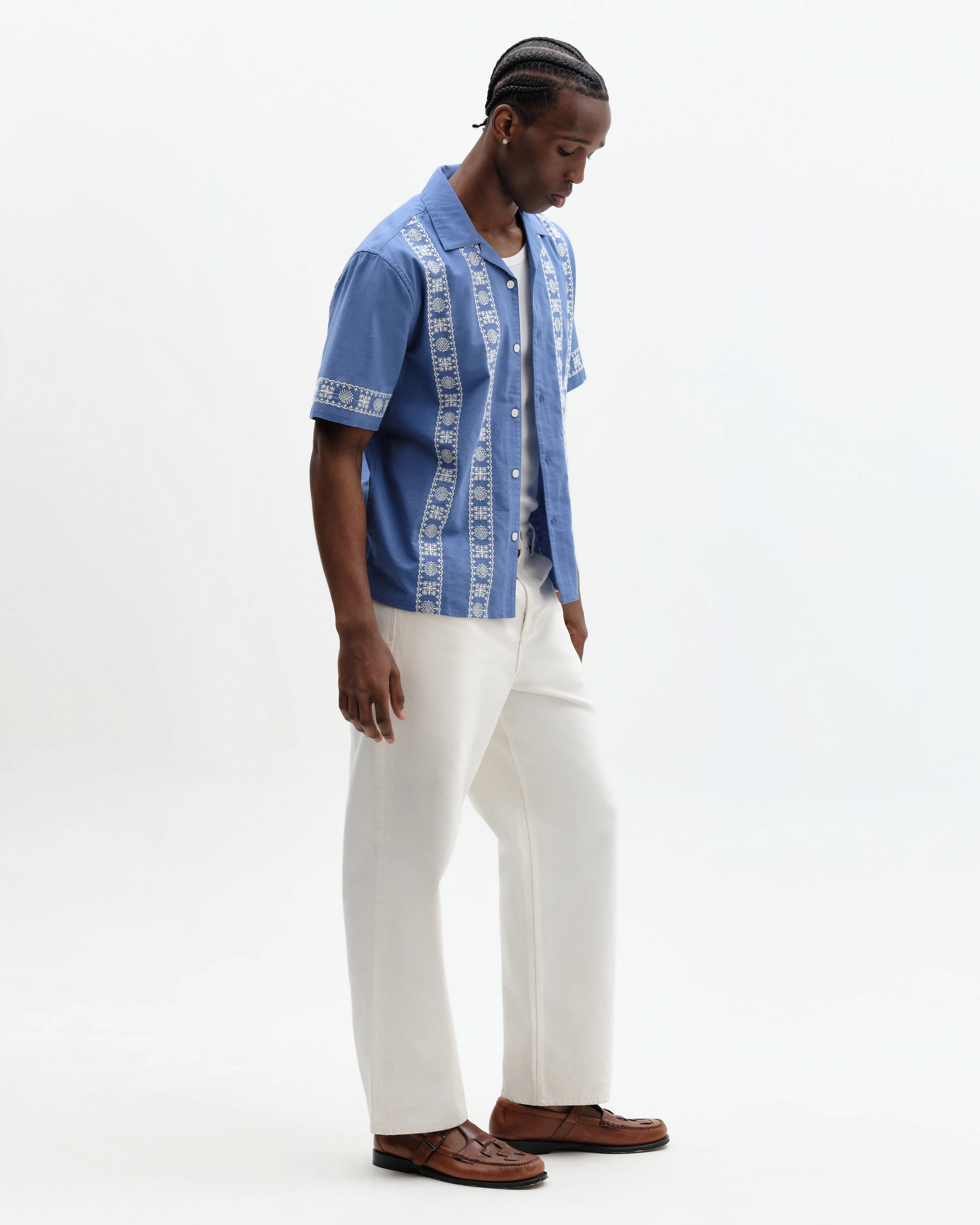Didcot - Blue And Ecru Embroidered Short-Sleeve Shirt sold by Wax London product image thumbnail 5