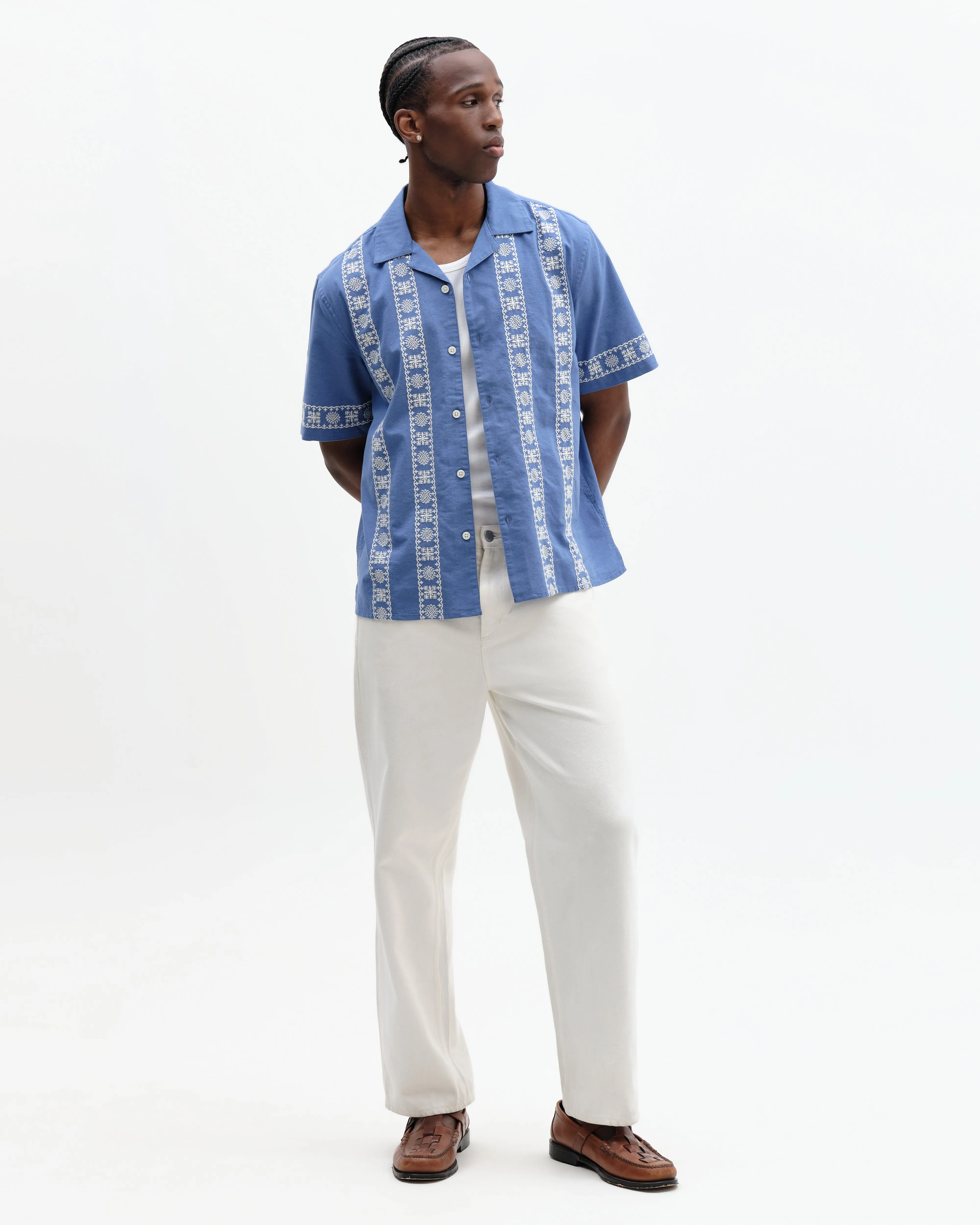 Didcot - Blue And Ecru Embroidered Short-Sleeve Shirt sold by Wax London product image thumbnail 4