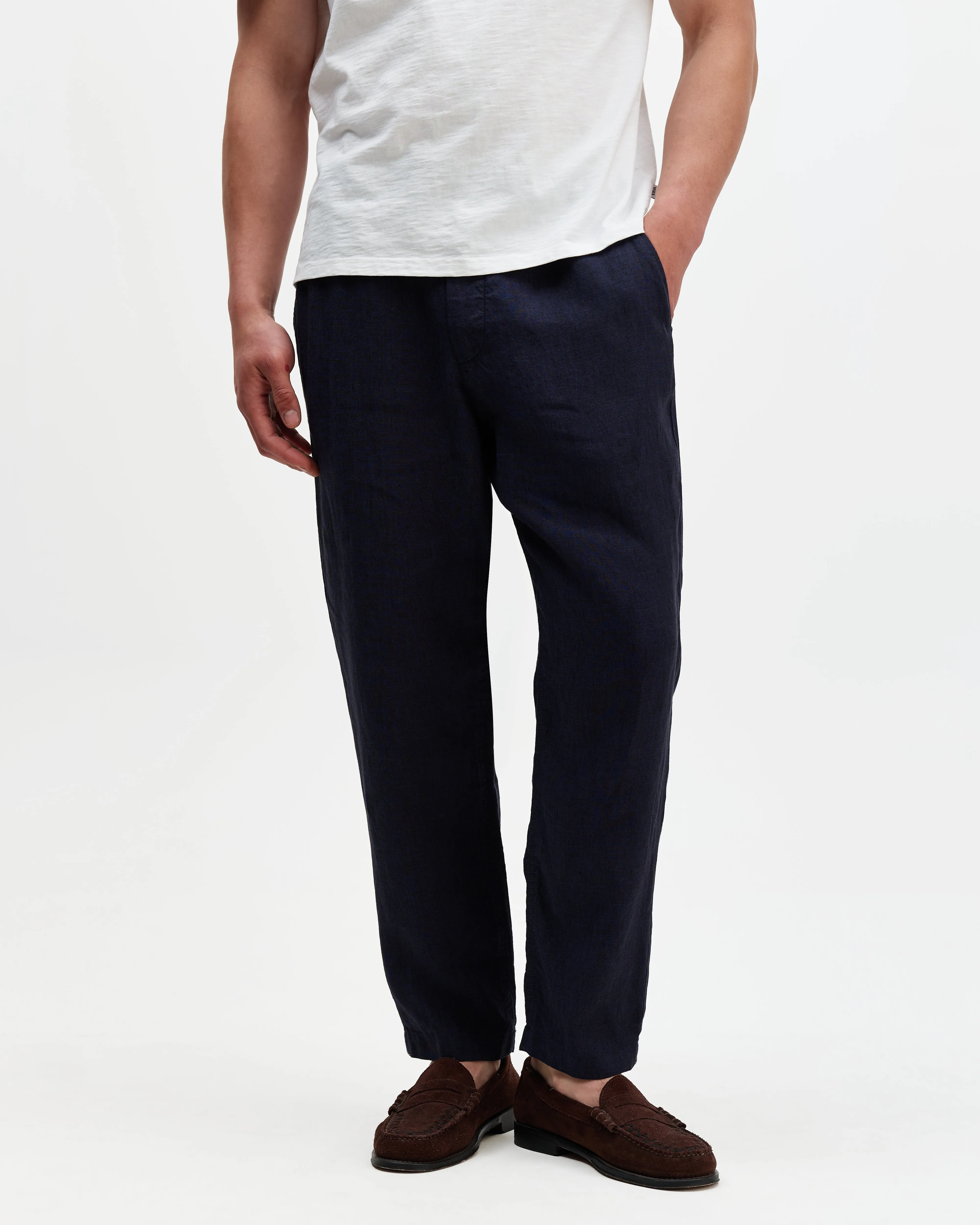 Kurt - Navy Washed Linen Relaxed Fit Trousers sold by Wax London product image thumbnail 2
