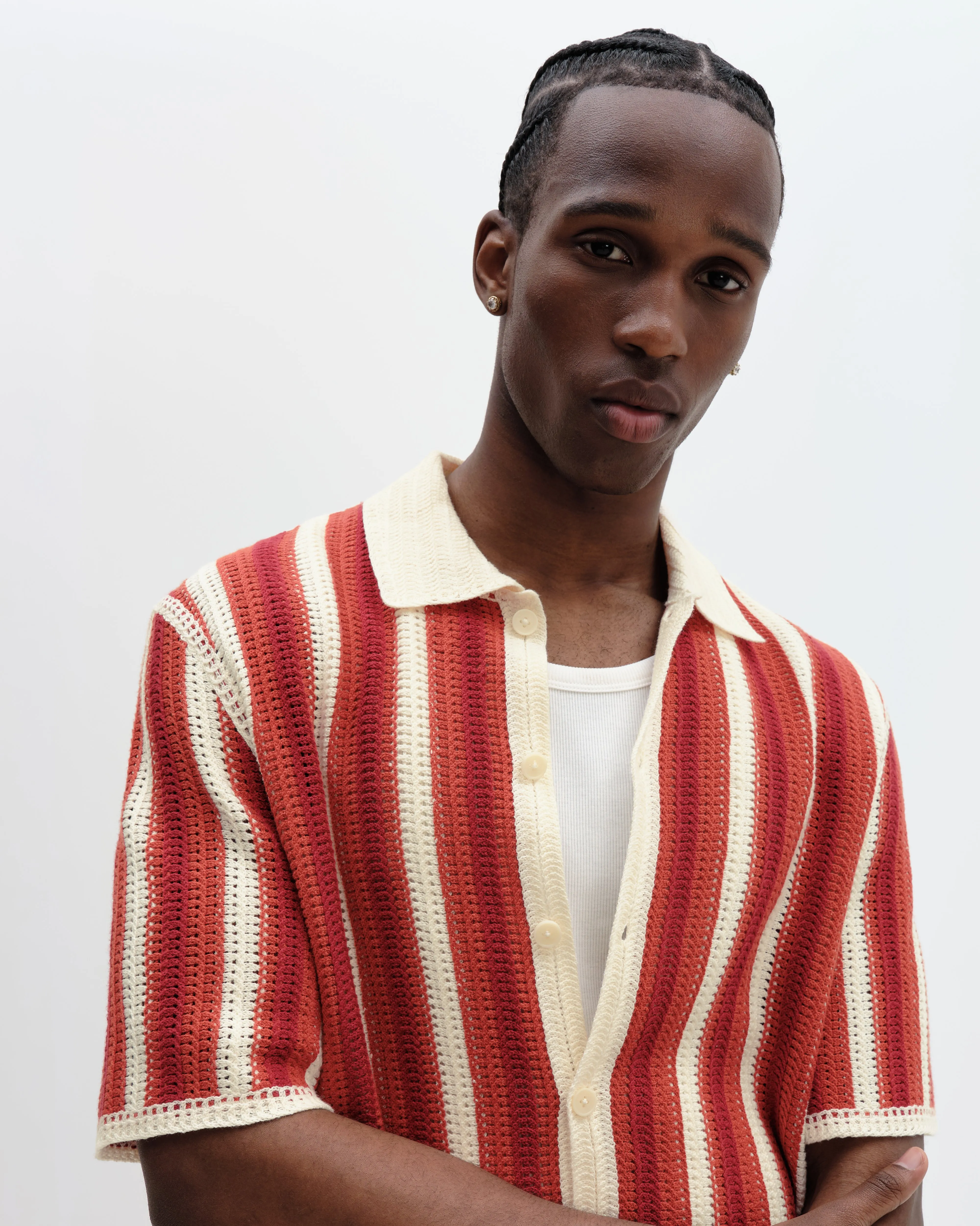 Porto - Ecru And Orange Stripe Crochet Knitted Shirt sold by Wax London product image thumbnail 3