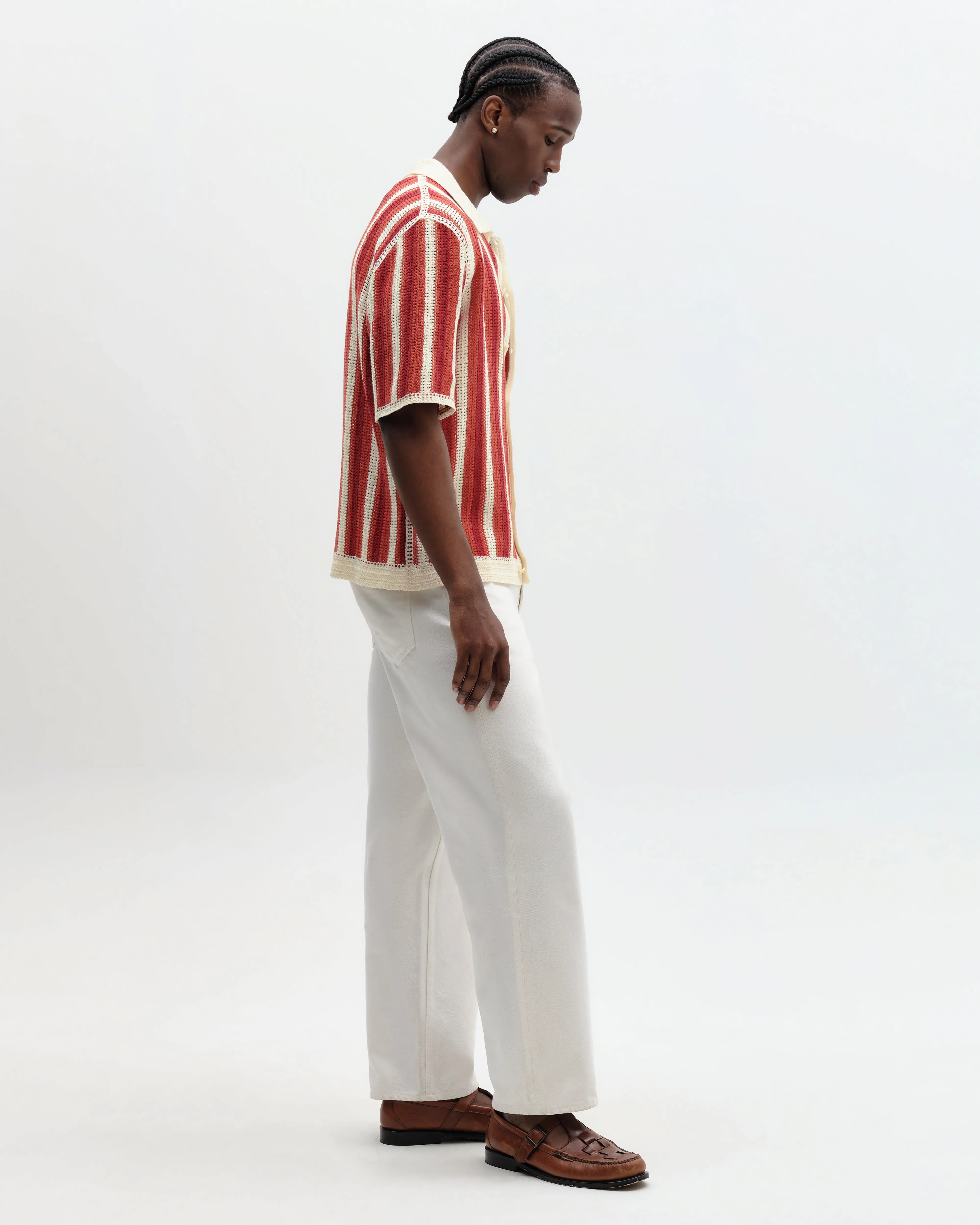 Porto - Ecru And Orange Stripe Crochet Knitted Shirt sold by Wax London product image thumbnail 5