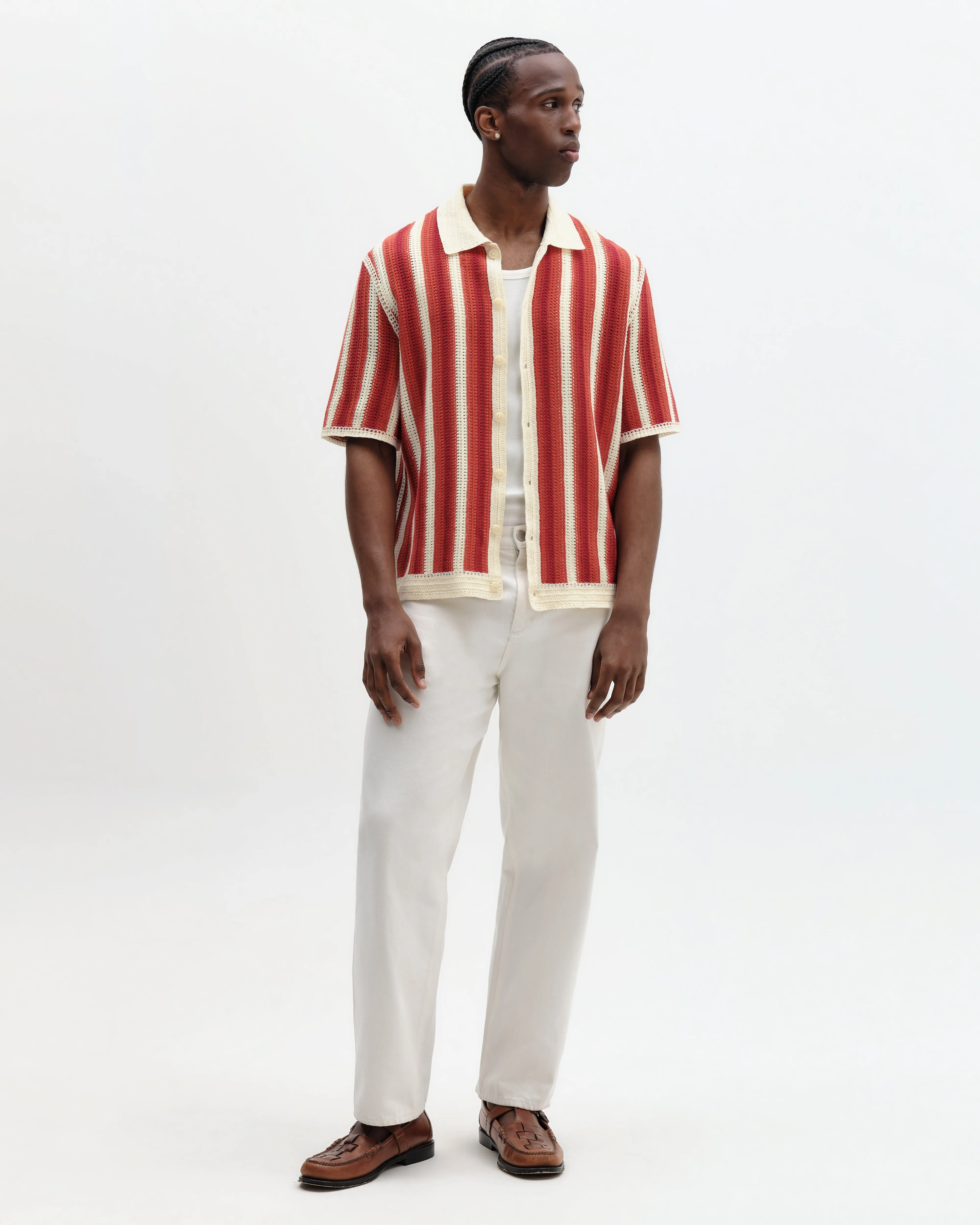 Porto - Ecru And Orange Stripe Crochet Knitted Shirt sold by Wax London product image thumbnail 4