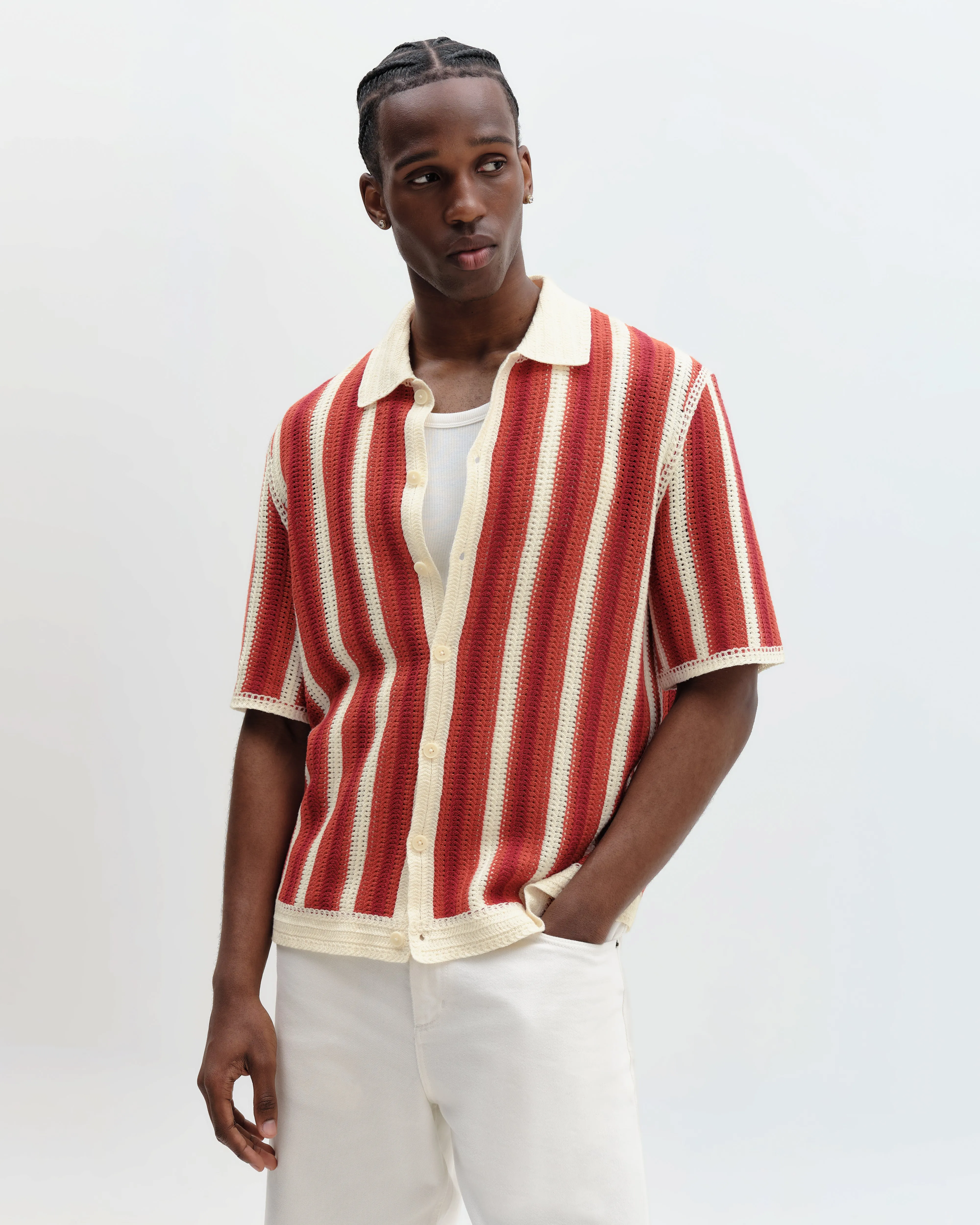 Porto - Ecru And Orange Stripe Crochet Knitted Shirt sold by Wax London product image thumbnail 2