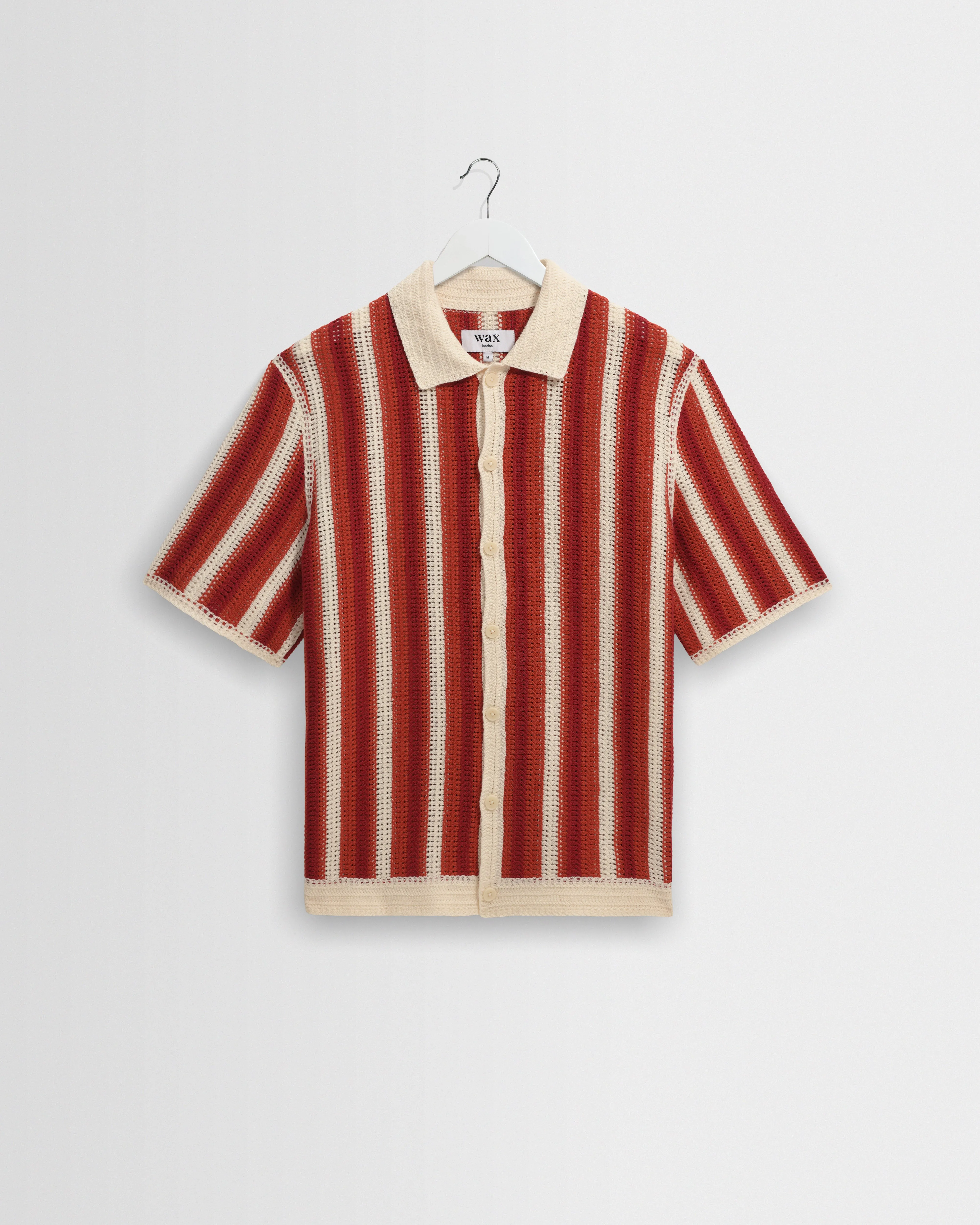 Porto - Ecru And Orange Stripe Crochet Knitted Shirt sold by Wax London