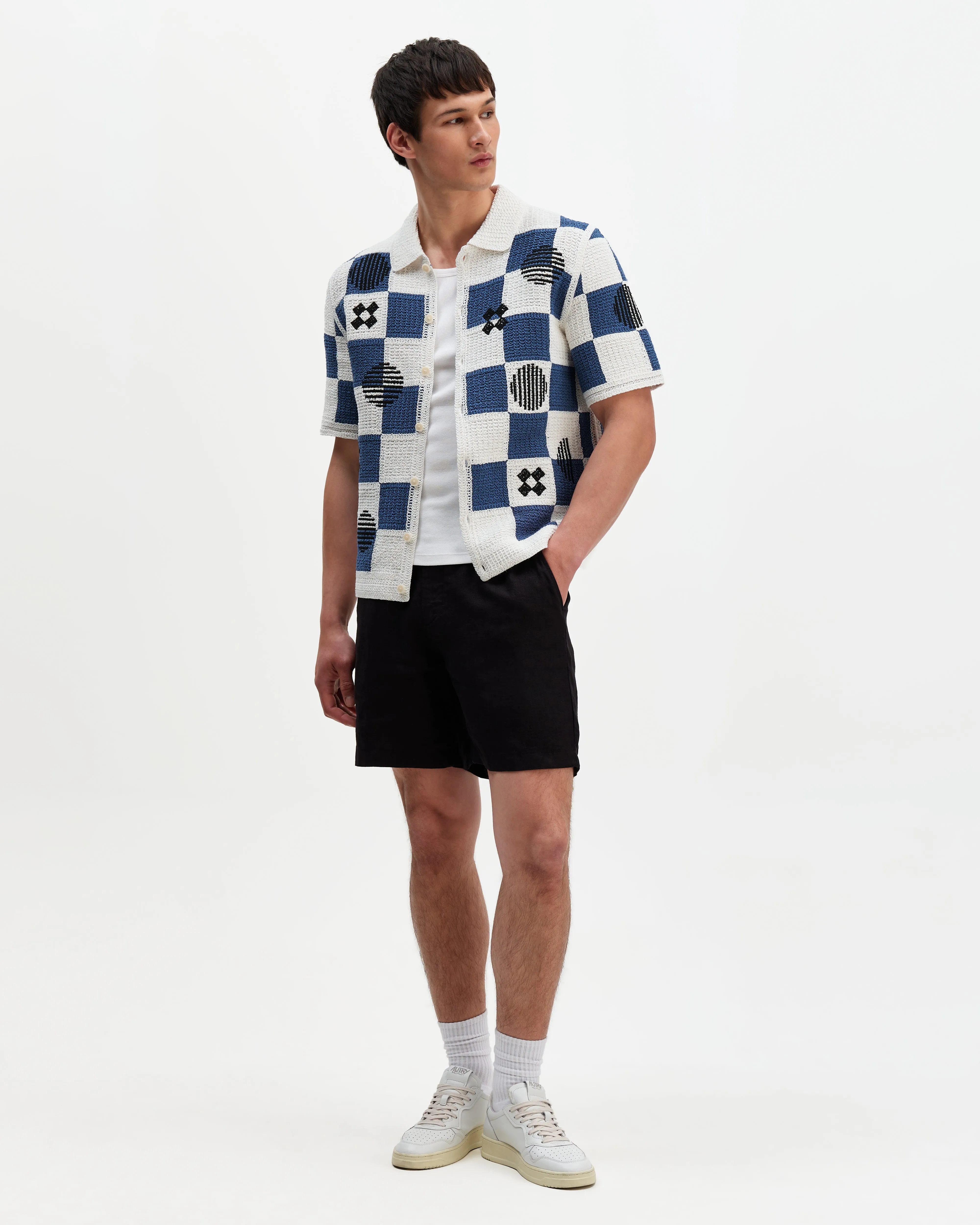 Porto - Ecru And Blue Square Crochet Knitted Shirt sold by Wax London product image thumbnail 4