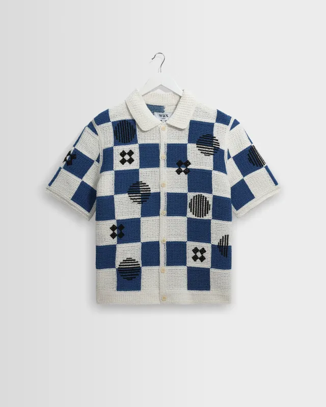 Porto - Ecru And Blue Square Crochet Knitted Shirt made by Wax London