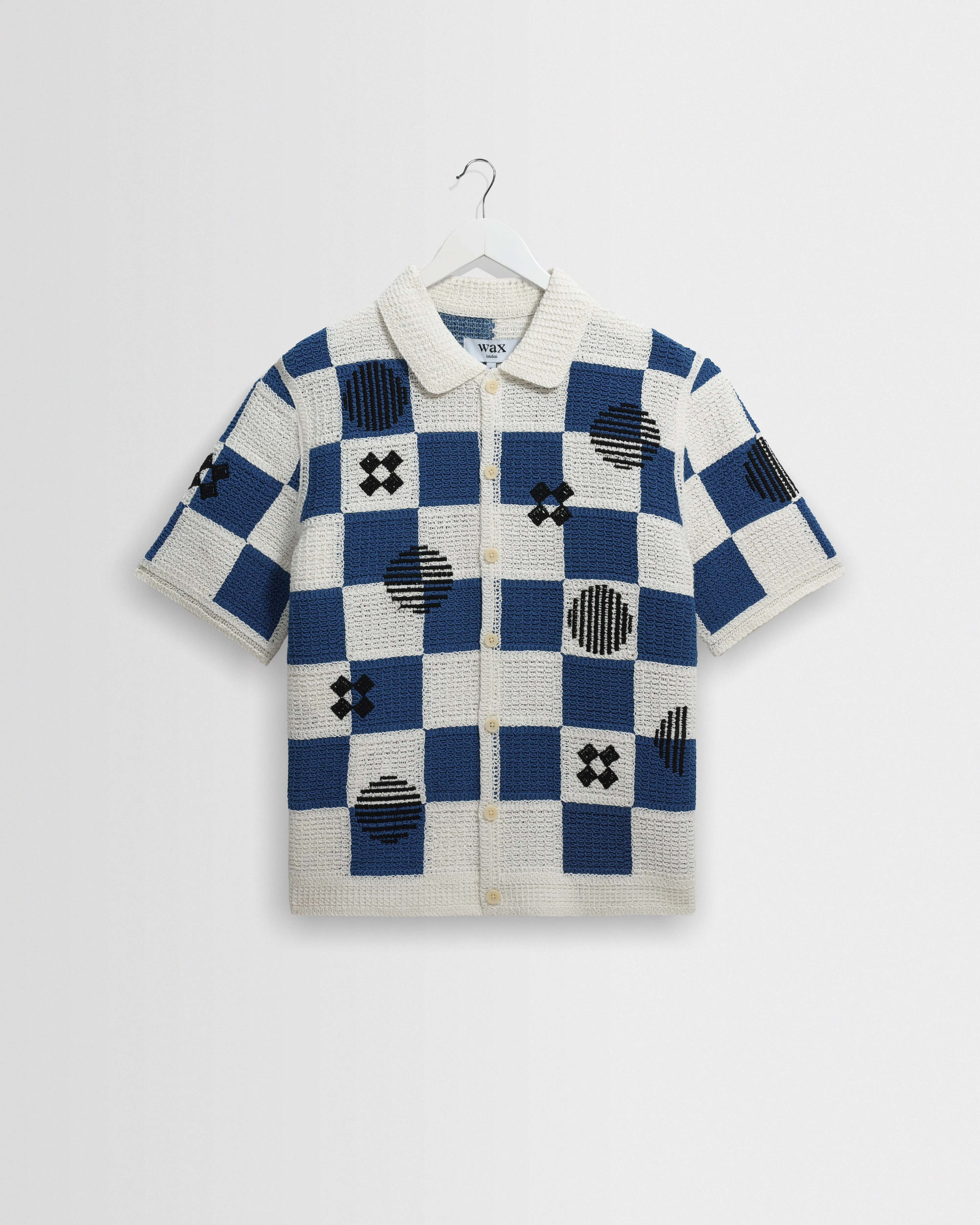 Porto - Ecru And Blue Square Crochet Knitted Shirt sold by Wax London