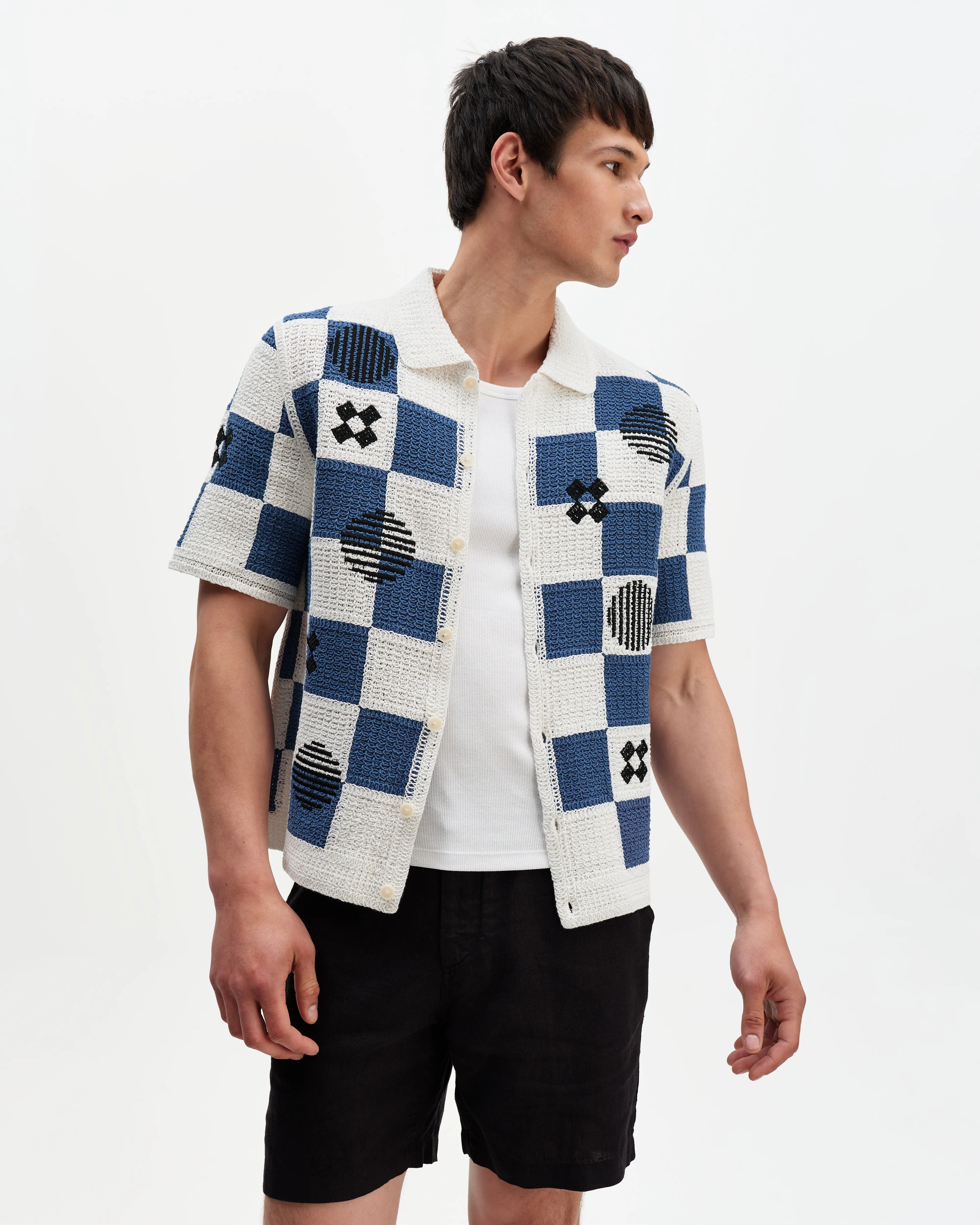 Porto - Ecru And Blue Square Crochet Knitted Shirt sold by Wax London product image thumbnail 2