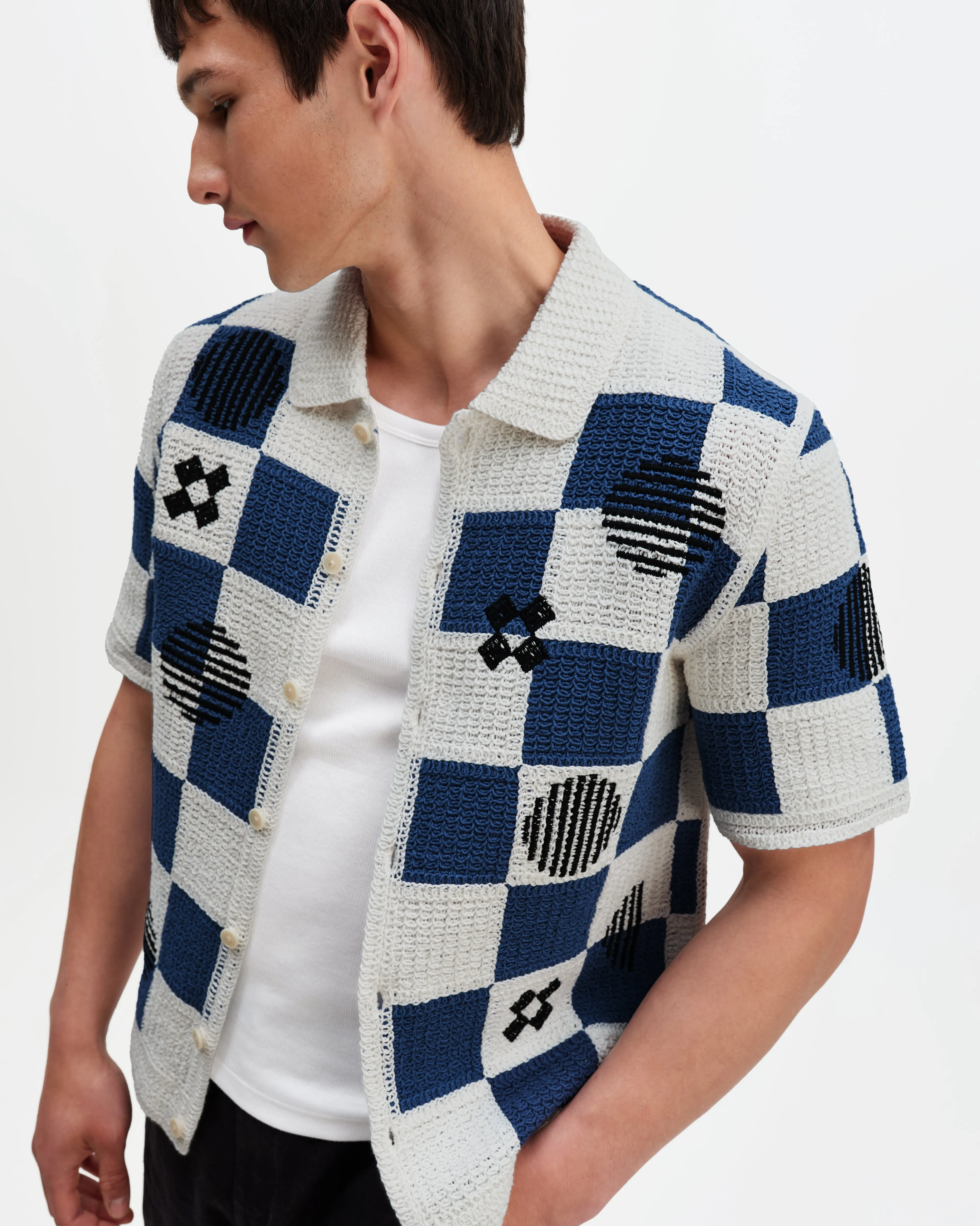 Porto - Ecru And Blue Square Crochet Knitted Shirt sold by Wax London product image thumbnail 3