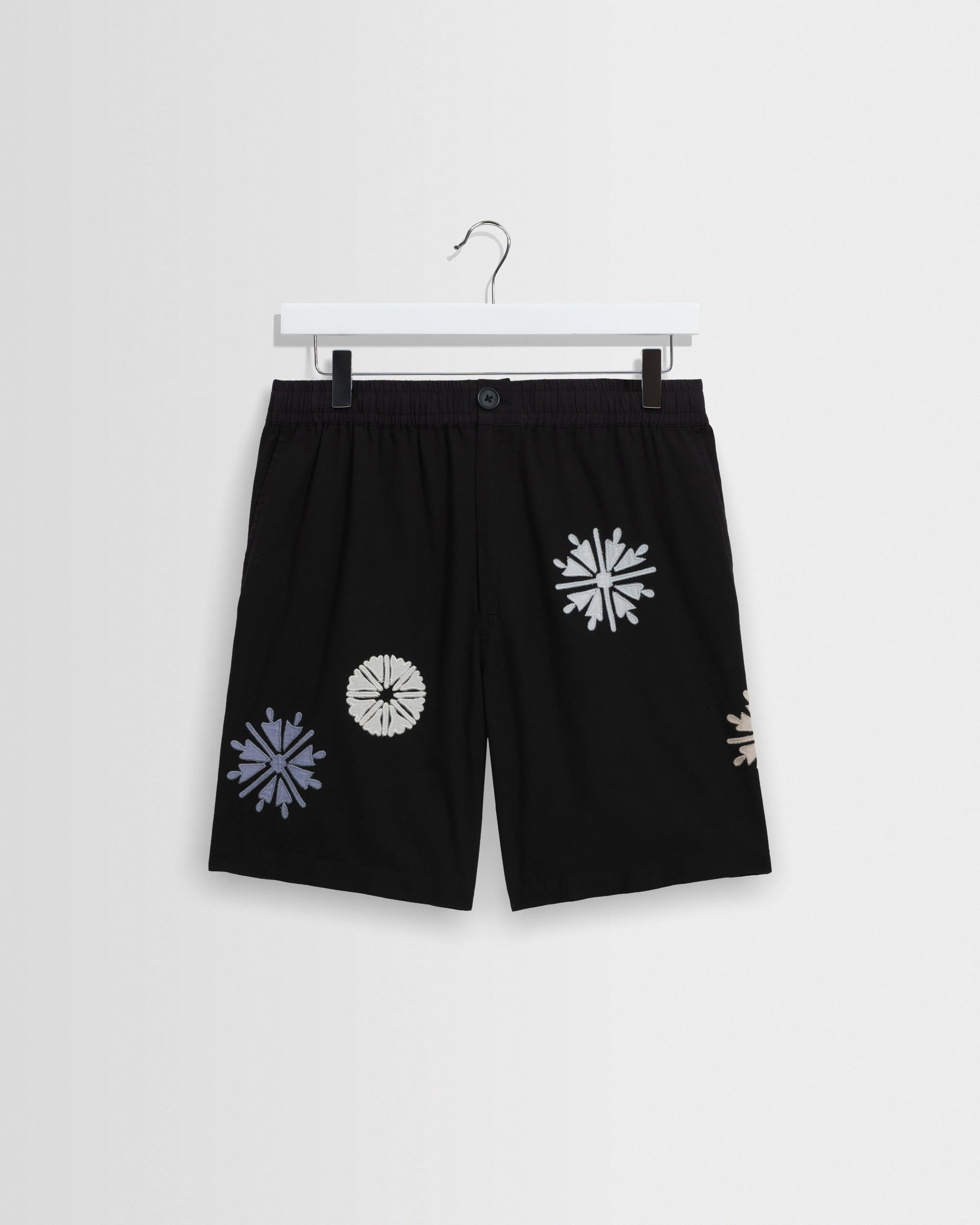 Kurt - Black Round Applique Cotton Shorts sold by Wax London