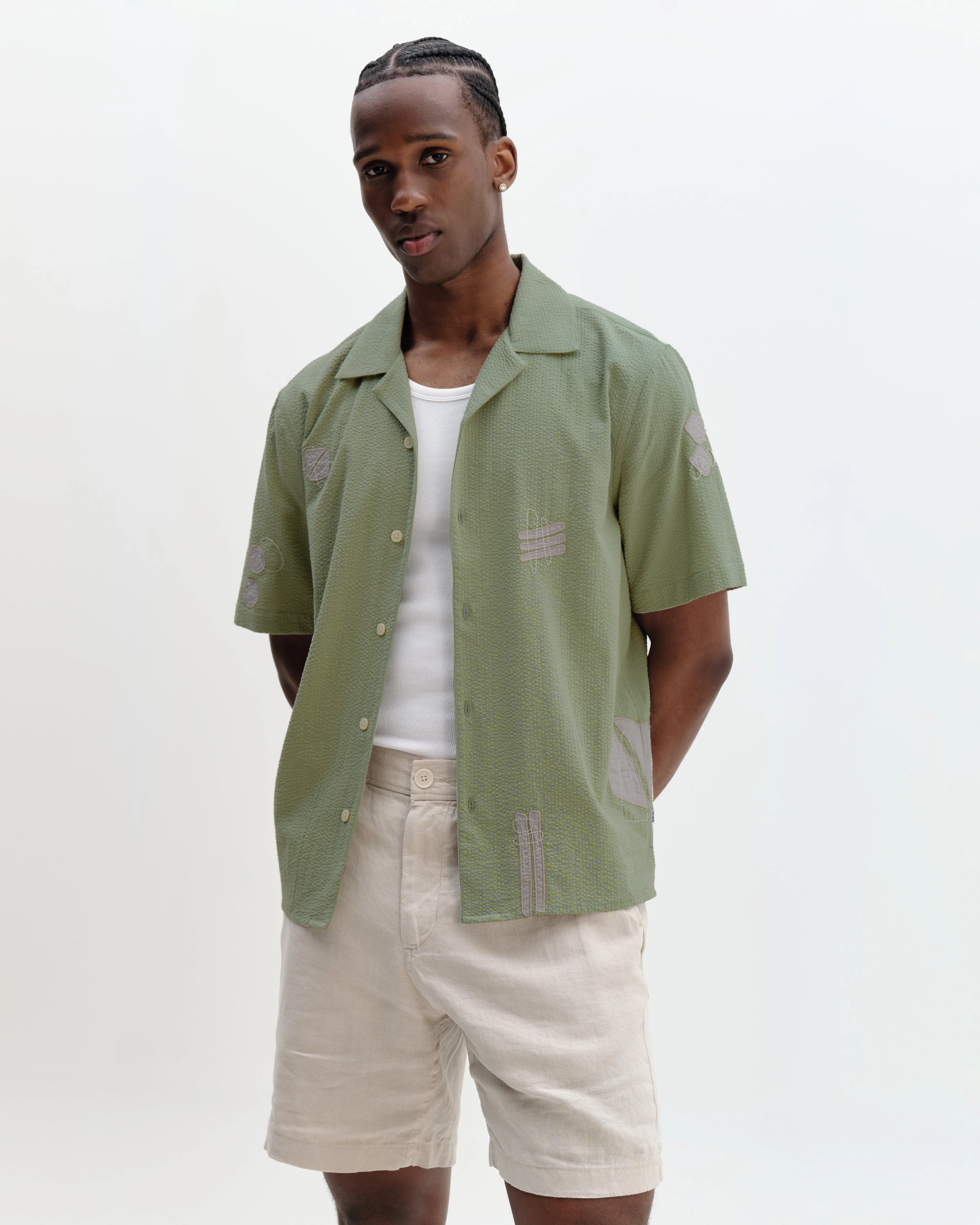 Didcot - Sage And Ecru Scribble Applique Short-Sleeve Shirt sold by Wax London product image thumbnail 2
