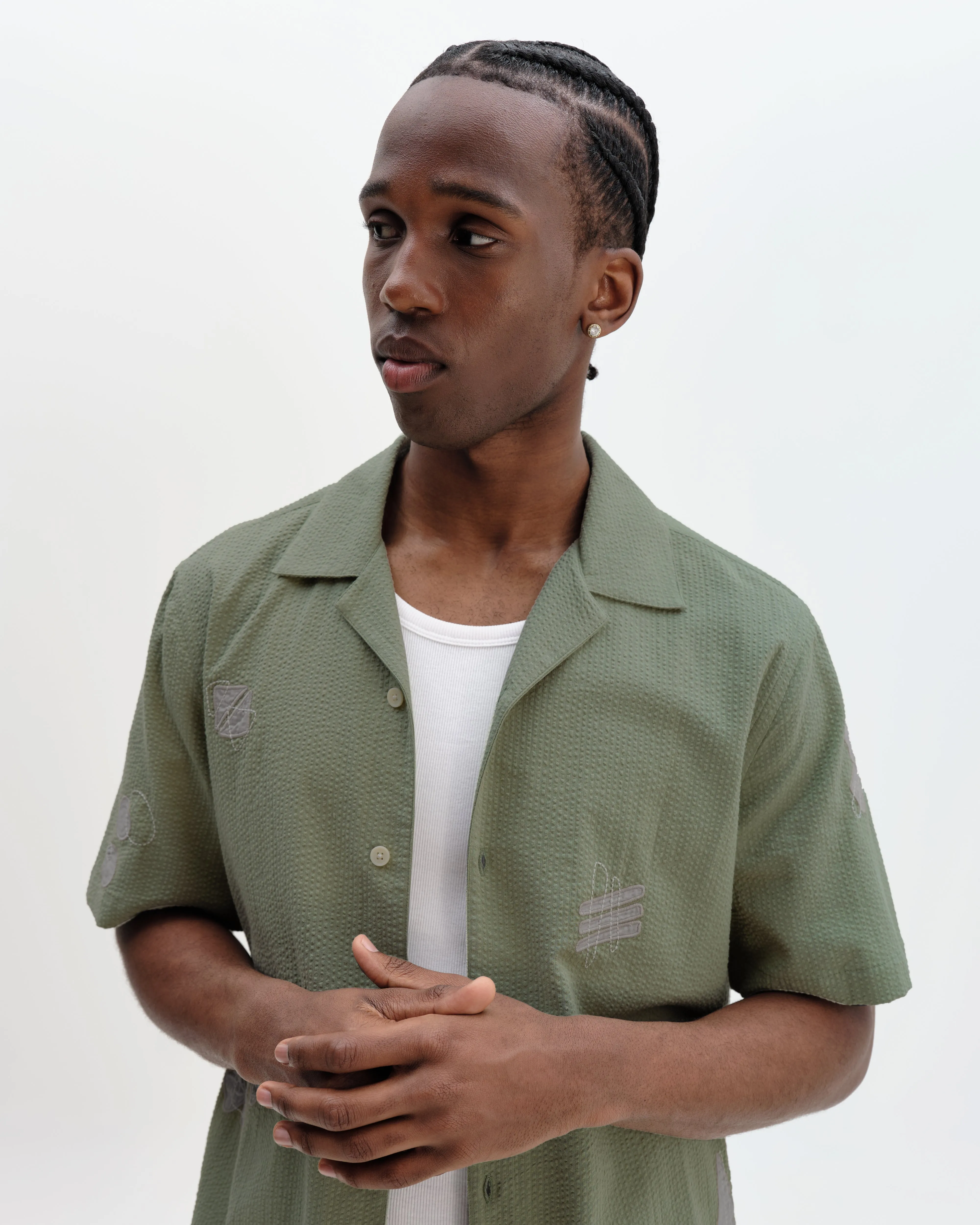 Didcot - Sage And Ecru Scribble Applique Short-Sleeve Shirt sold by Wax London product image thumbnail 3