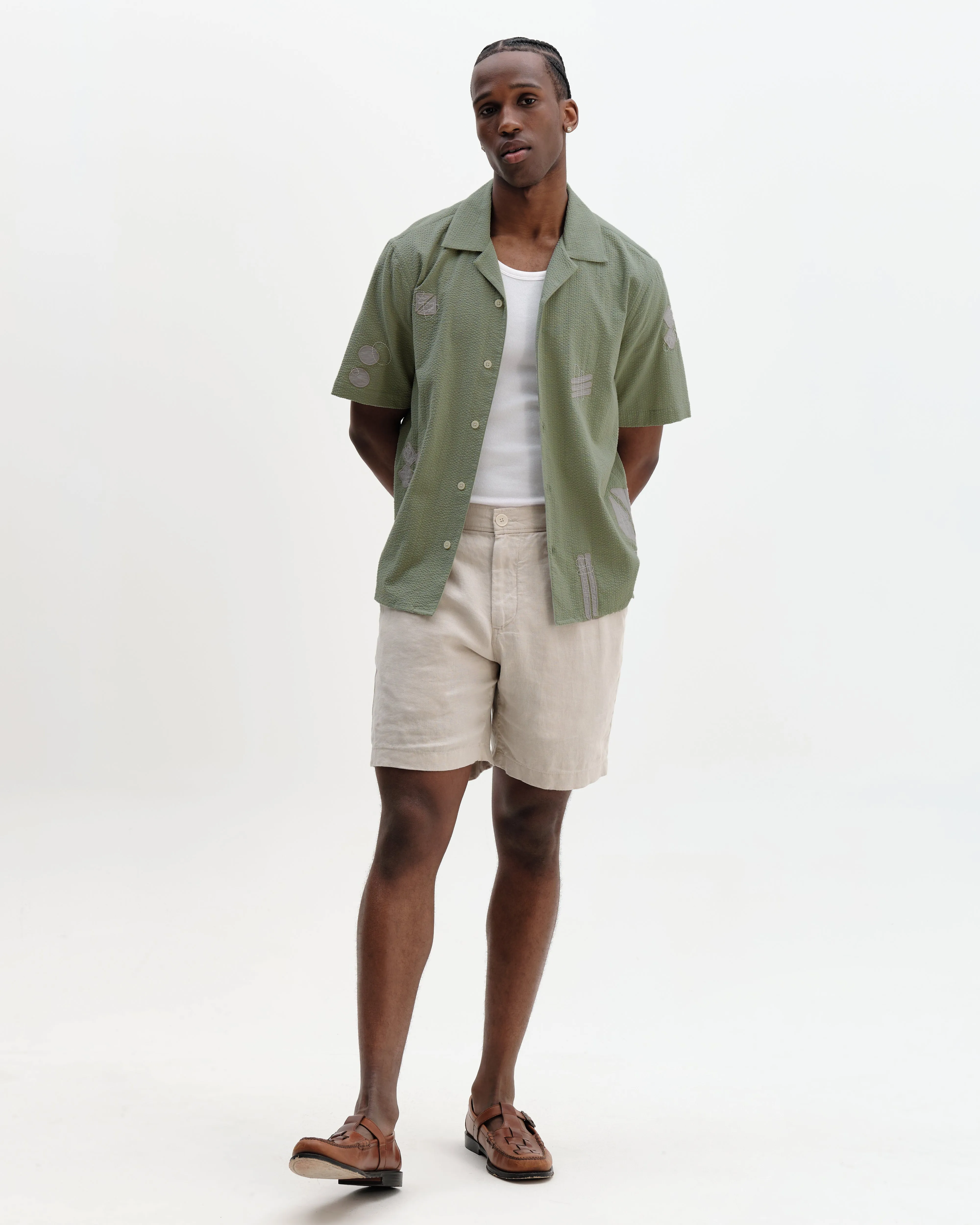 Didcot - Sage And Ecru Scribble Applique Short-Sleeve Shirt sold by Wax London product image thumbnail 4