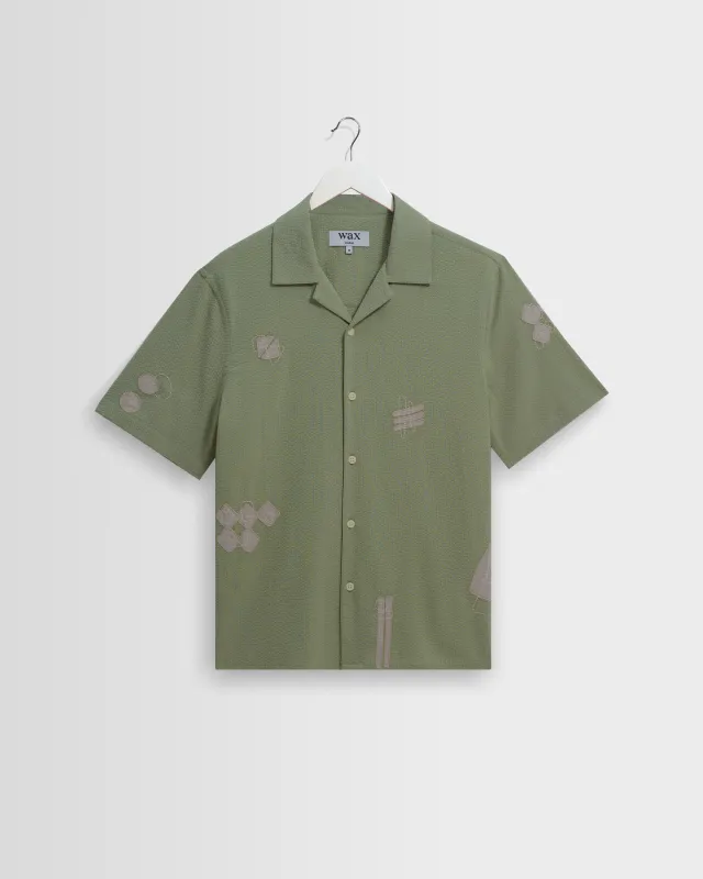 Didcot - Sage And Ecru Scribble Applique Short-Sleeve Shirt made by Wax London