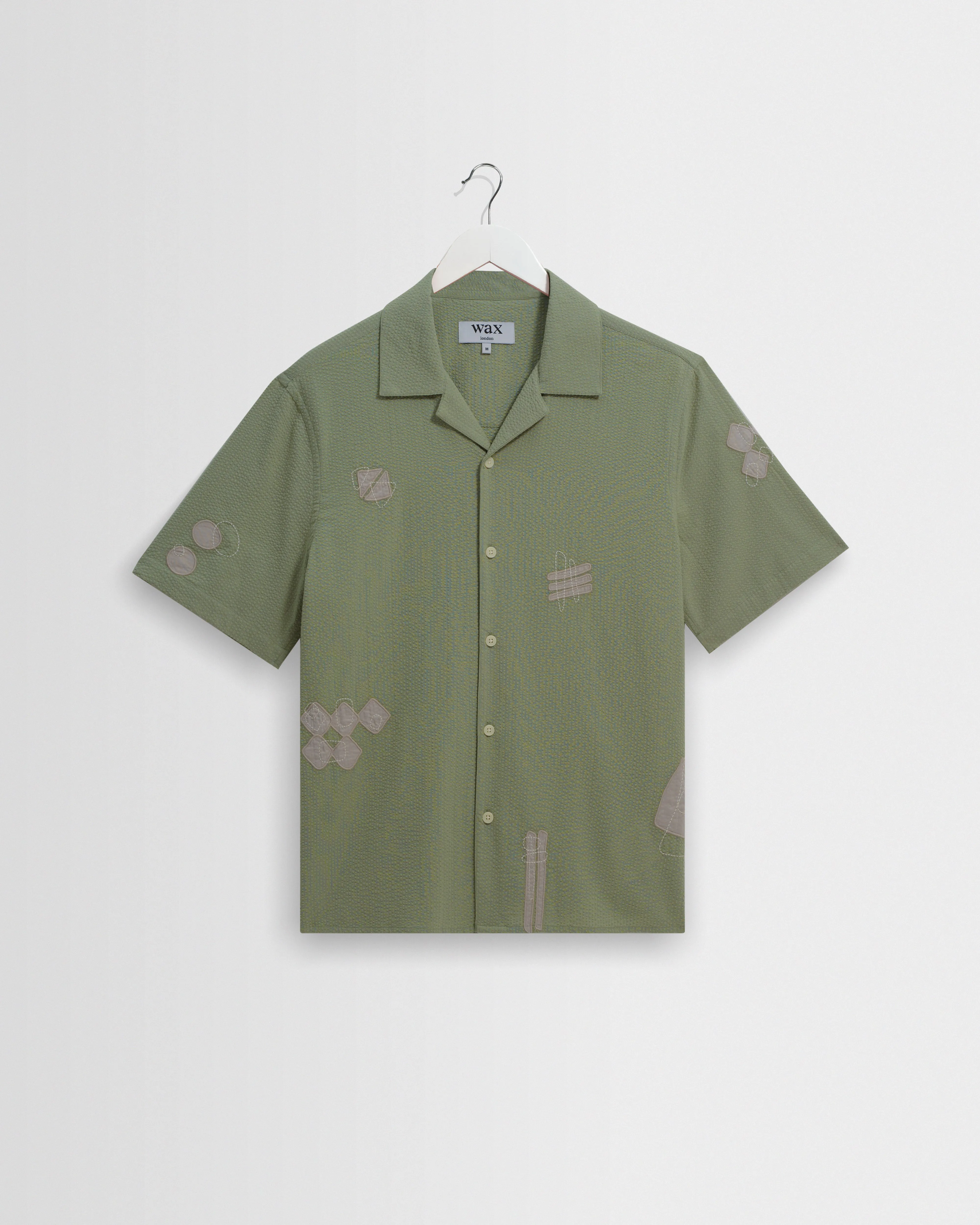 Didcot - Sage And Ecru Scribble Applique Short-Sleeve Shirt sold by Wax London