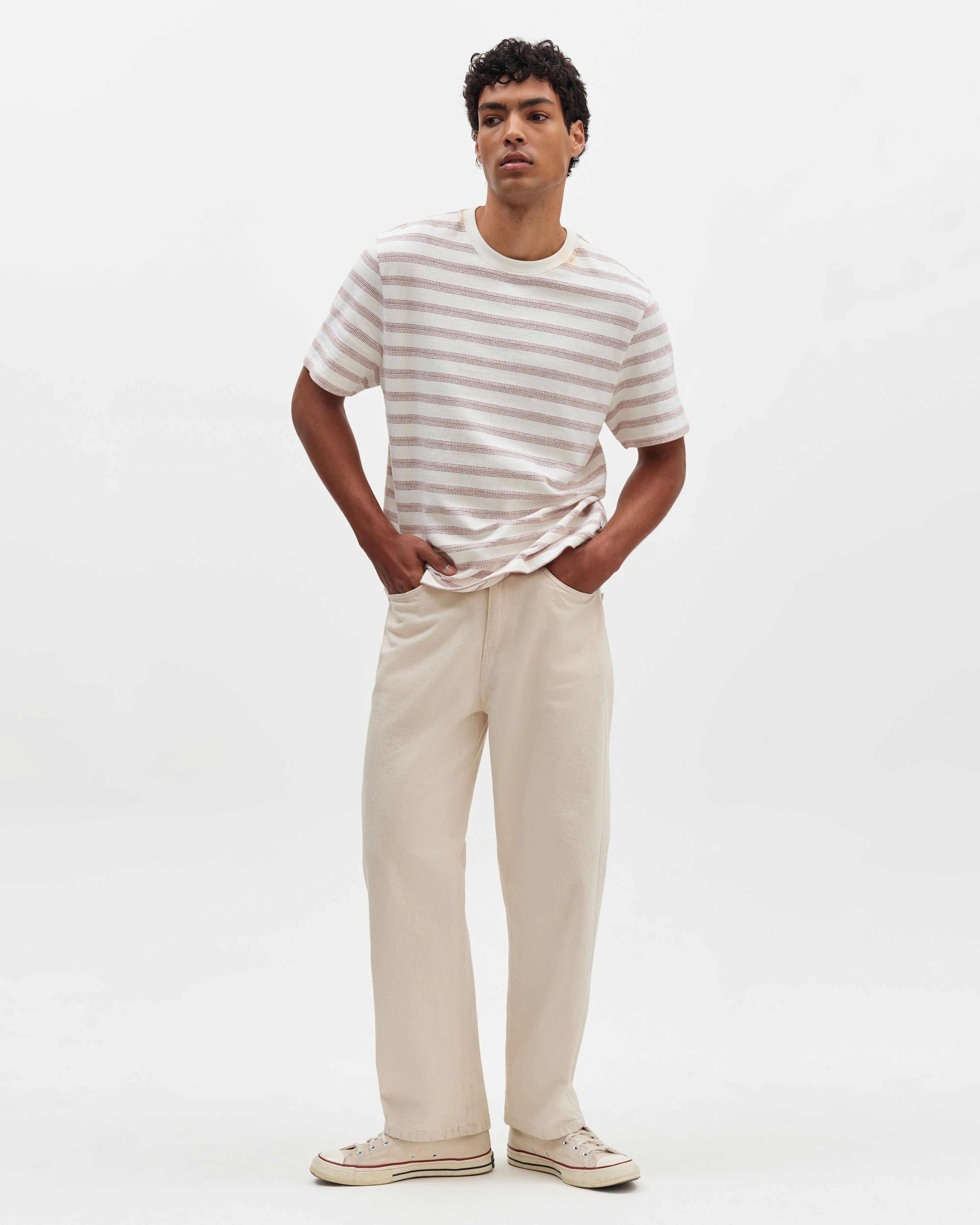 Dean - Ecru And Rust Stitch Stripe Organic Cotton T-Shirt sold by Wax London product image thumbnail 4