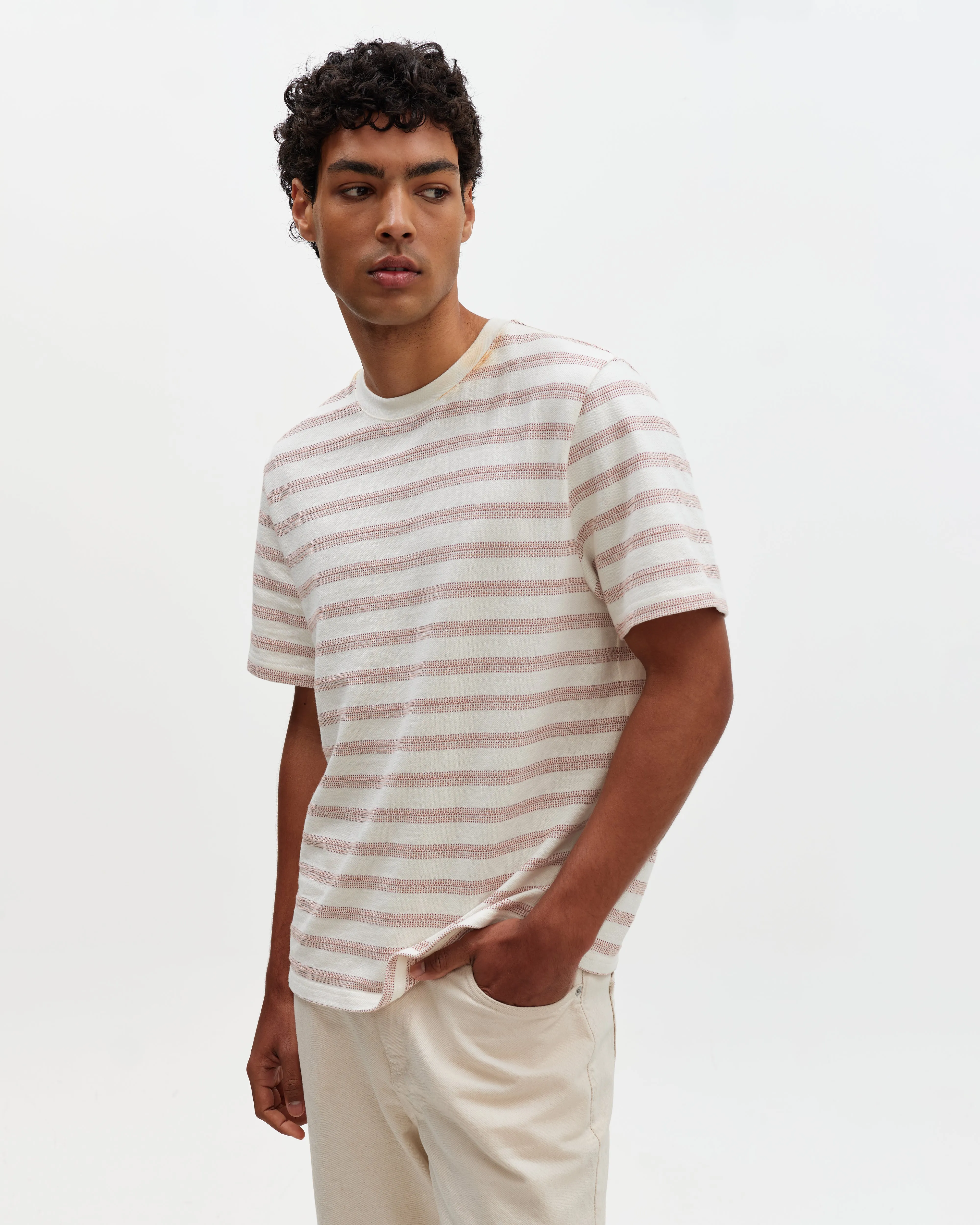 Dean - Ecru And Rust Stitch Stripe Organic Cotton T-Shirt sold by Wax London product image thumbnail 2