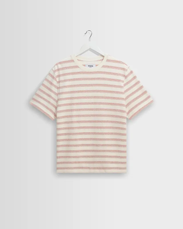 Dean - Ecru And Rust Stitch Stripe Organic Cotton T-Shirt made by Wax London