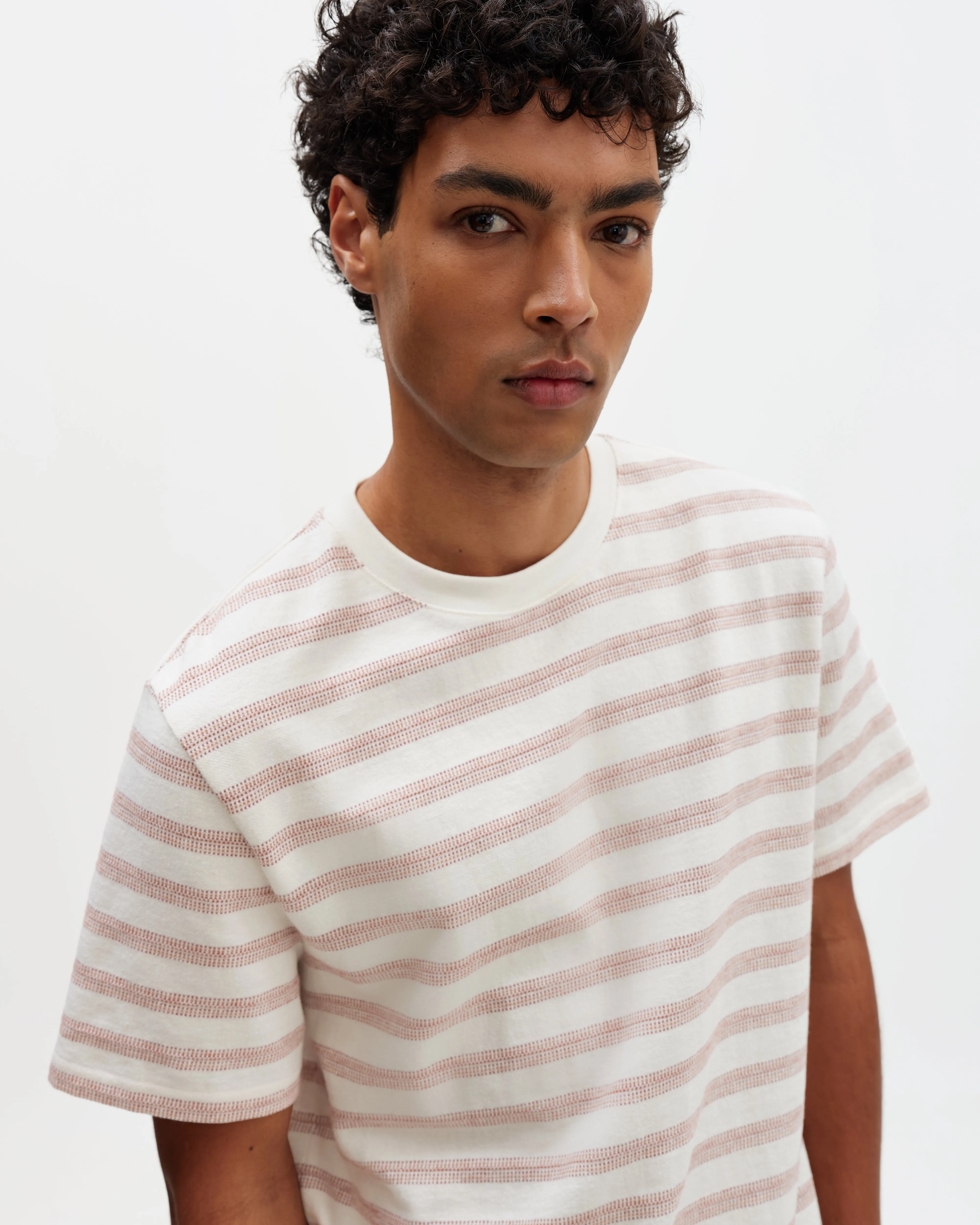 Dean - Ecru And Rust Stitch Stripe Organic Cotton T-Shirt sold by Wax London product image thumbnail 3