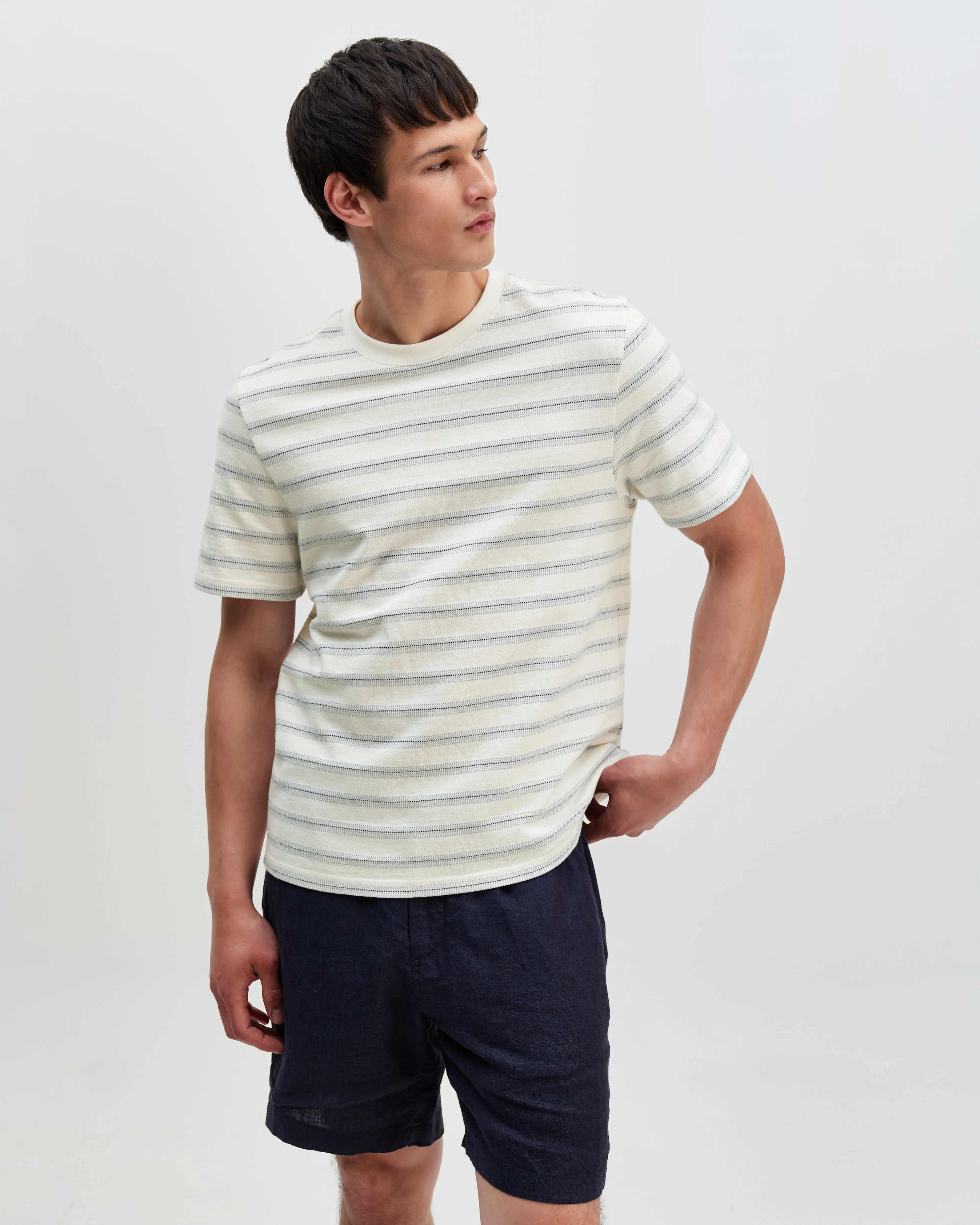 Dean - Ecru And Blue Stitch Stripe Organic Cotton T-Shirt sold by Wax London product image thumbnail 2