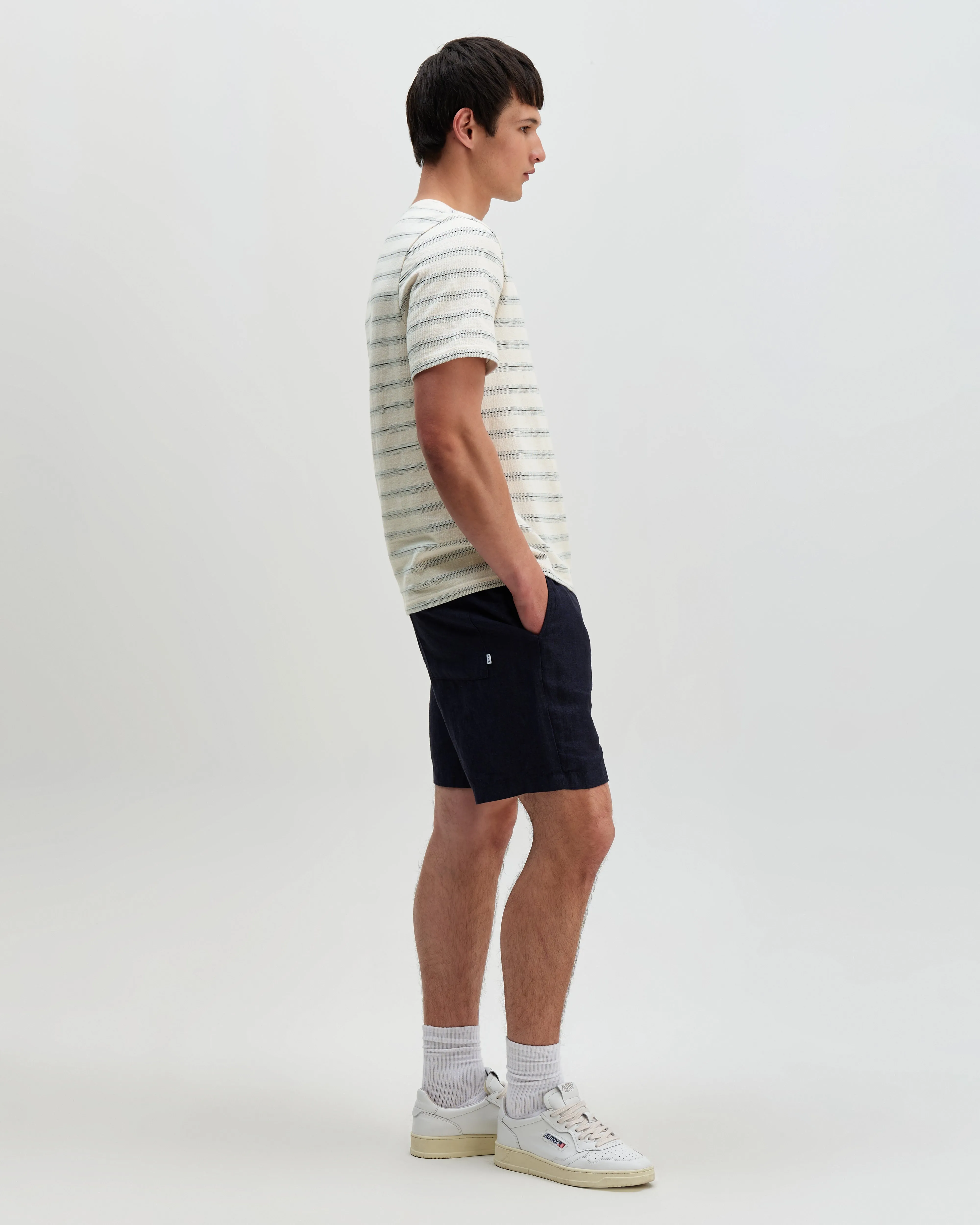 Dean - Ecru And Blue Stitch Stripe Organic Cotton T-Shirt sold by Wax London product image thumbnail 5