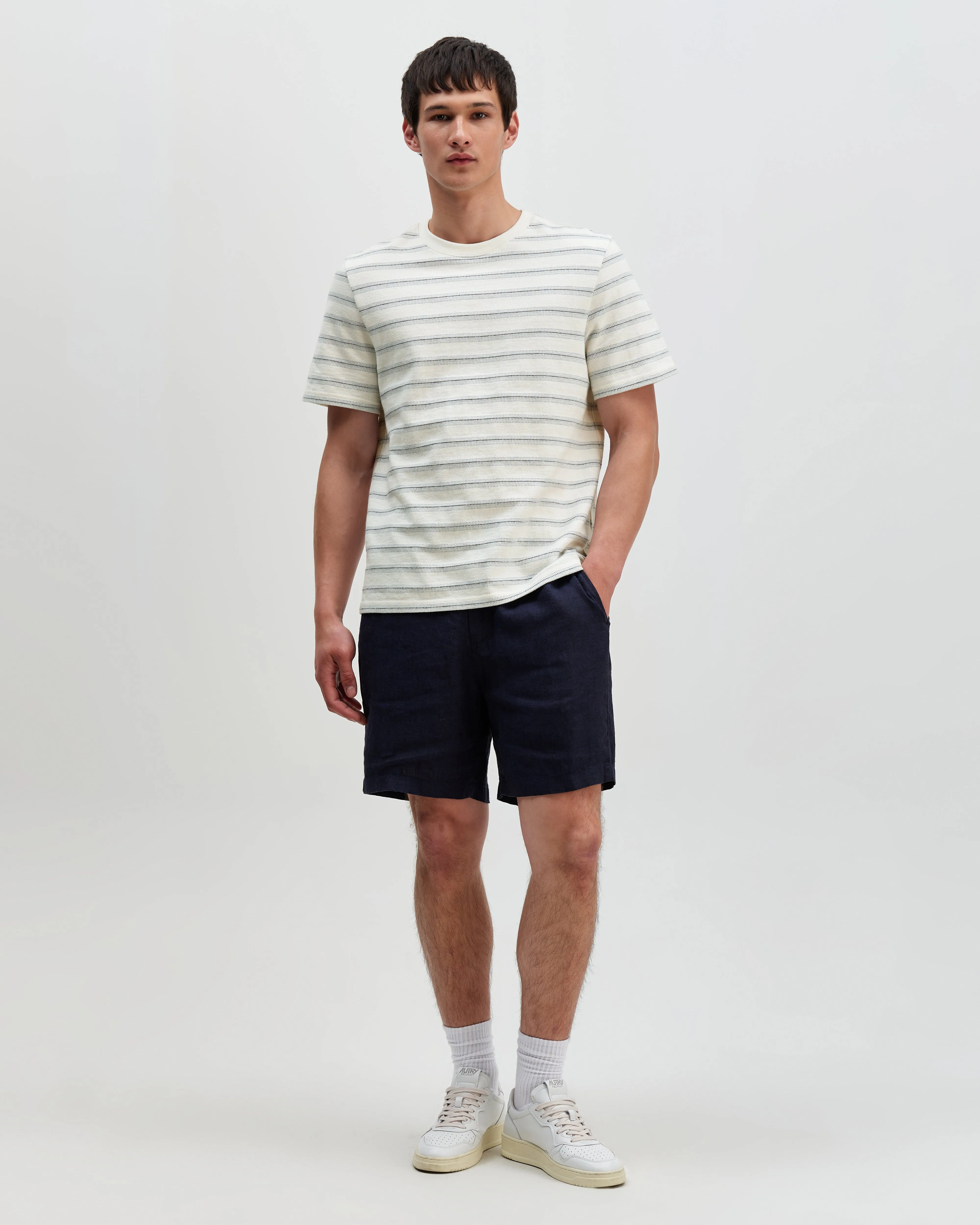Dean - Ecru And Blue Stitch Stripe Organic Cotton T-Shirt sold by Wax London product image thumbnail 4