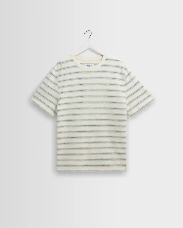 Dean - Ecru And Blue Stitch Stripe Organic Cotton T-Shirt made by Wax London