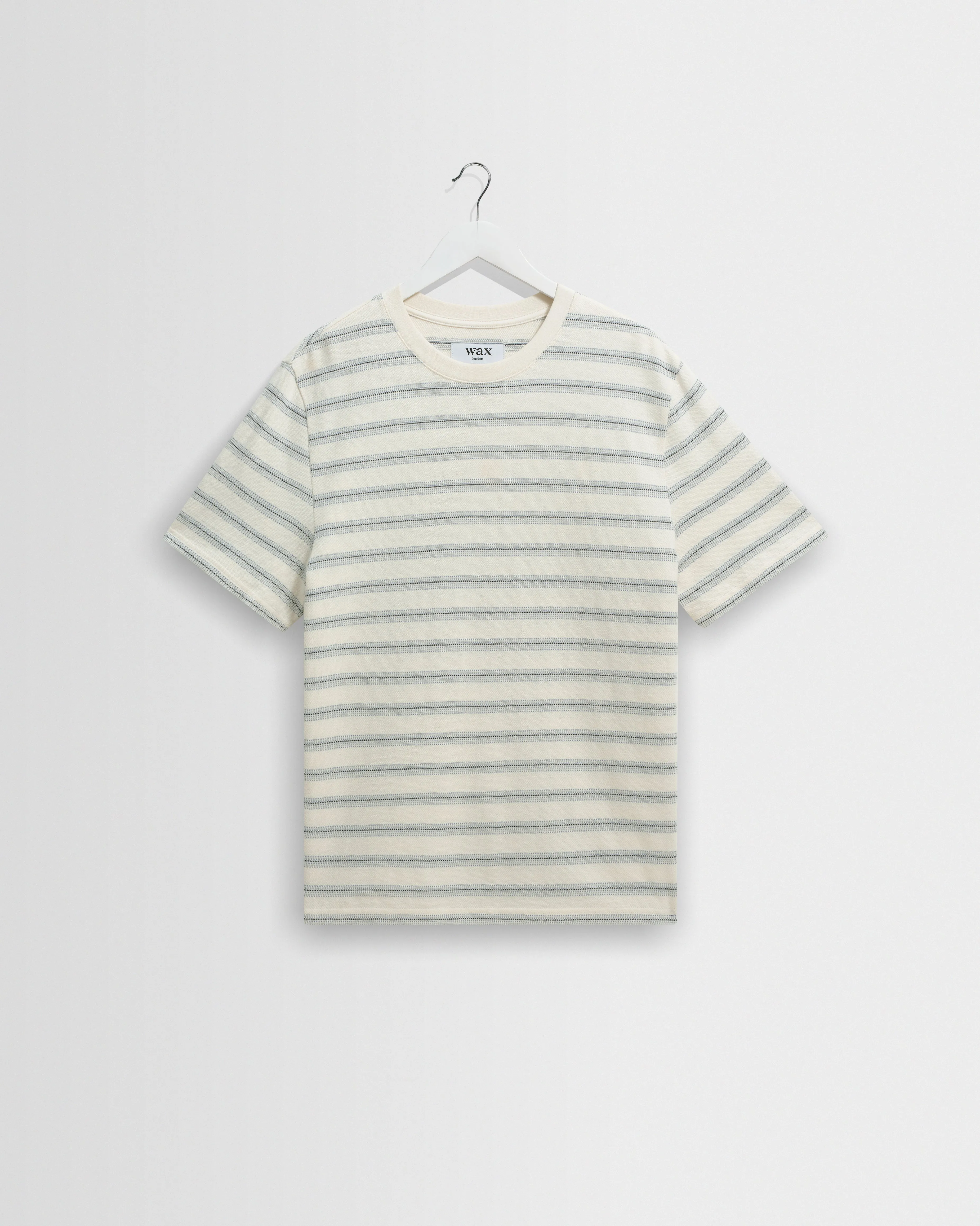 Dean - Ecru And Blue Stitch Stripe Organic Cotton T-Shirt sold by Wax London