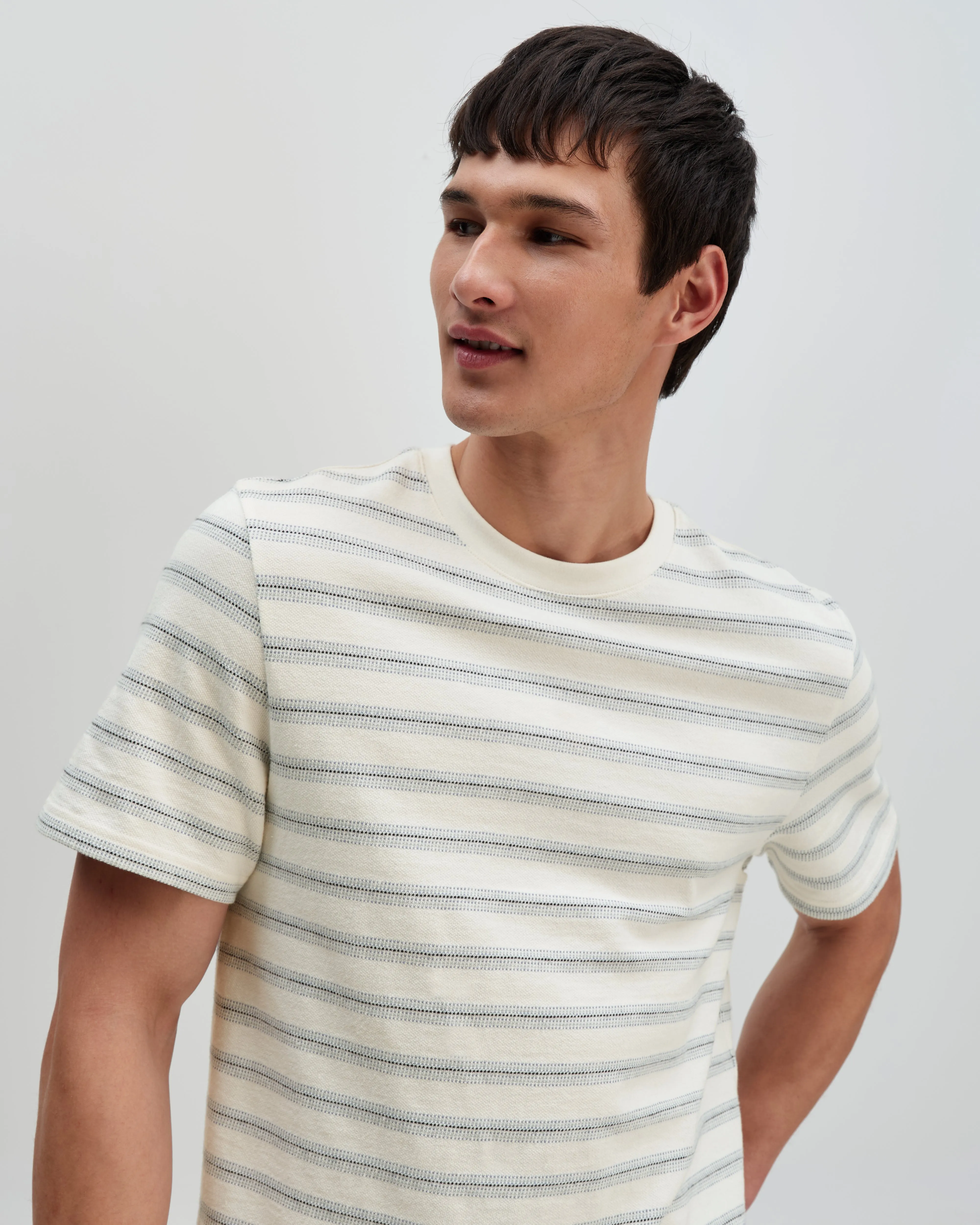 Dean - Ecru And Blue Stitch Stripe Organic Cotton T-Shirt sold by Wax London product image thumbnail 3