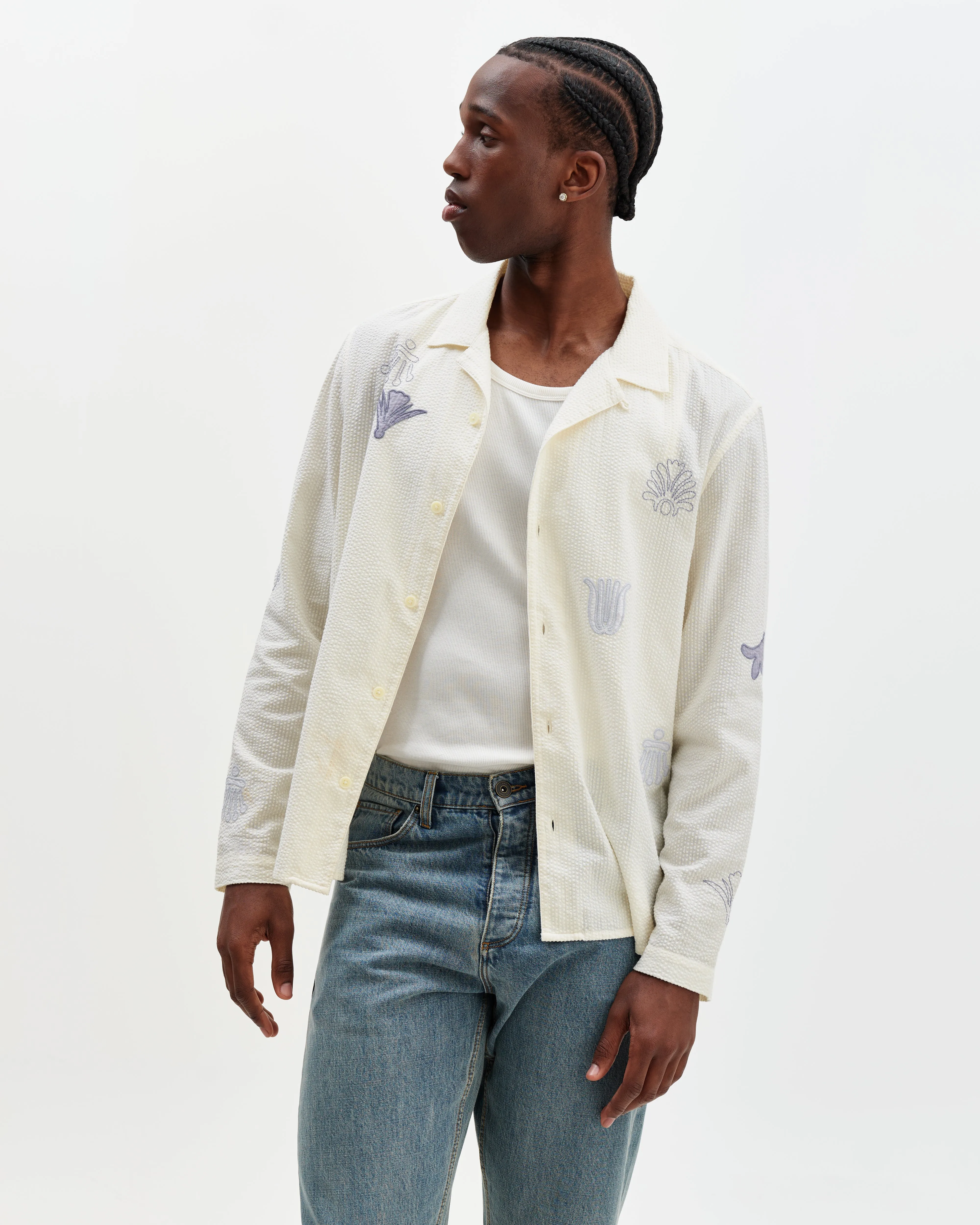 Corey - Ecru And Blue Doodle Cotton-Seersucker Shirt sold by Wax London product image thumbnail 2