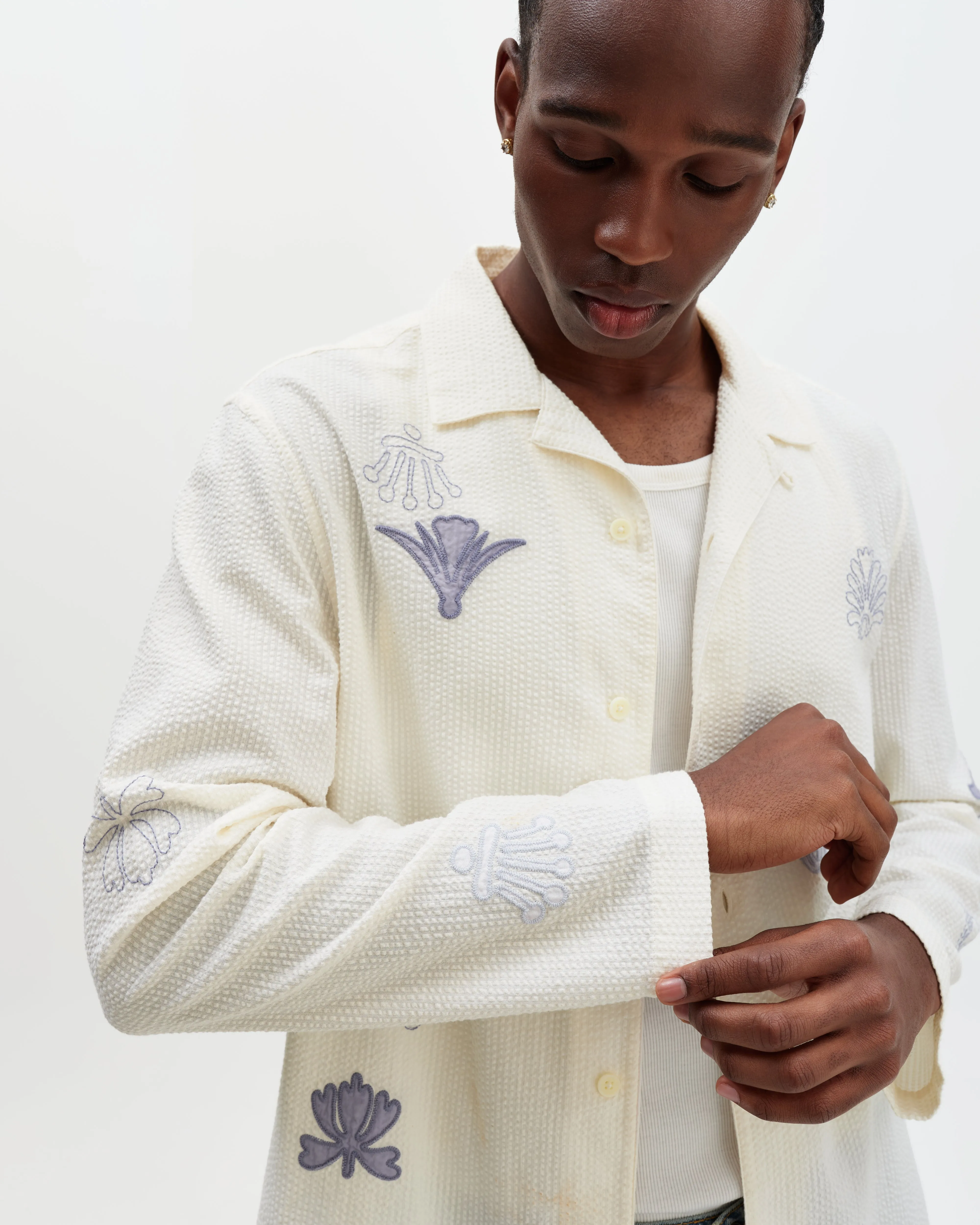 Corey - Ecru And Blue Doodle Cotton-Seersucker Shirt sold by Wax London product image thumbnail 3
