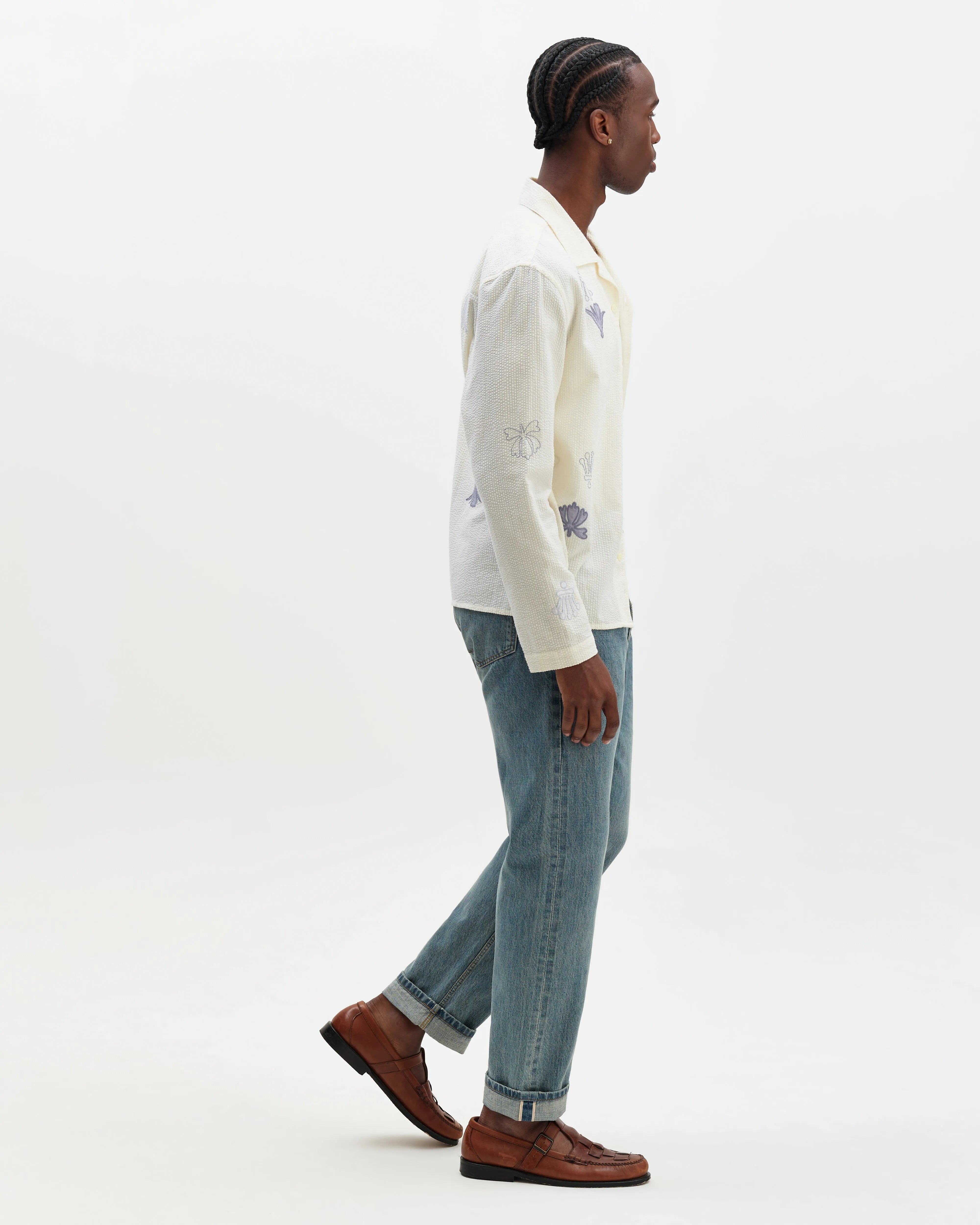 Corey - Ecru And Blue Doodle Cotton-Seersucker Shirt sold by Wax London product image thumbnail 5