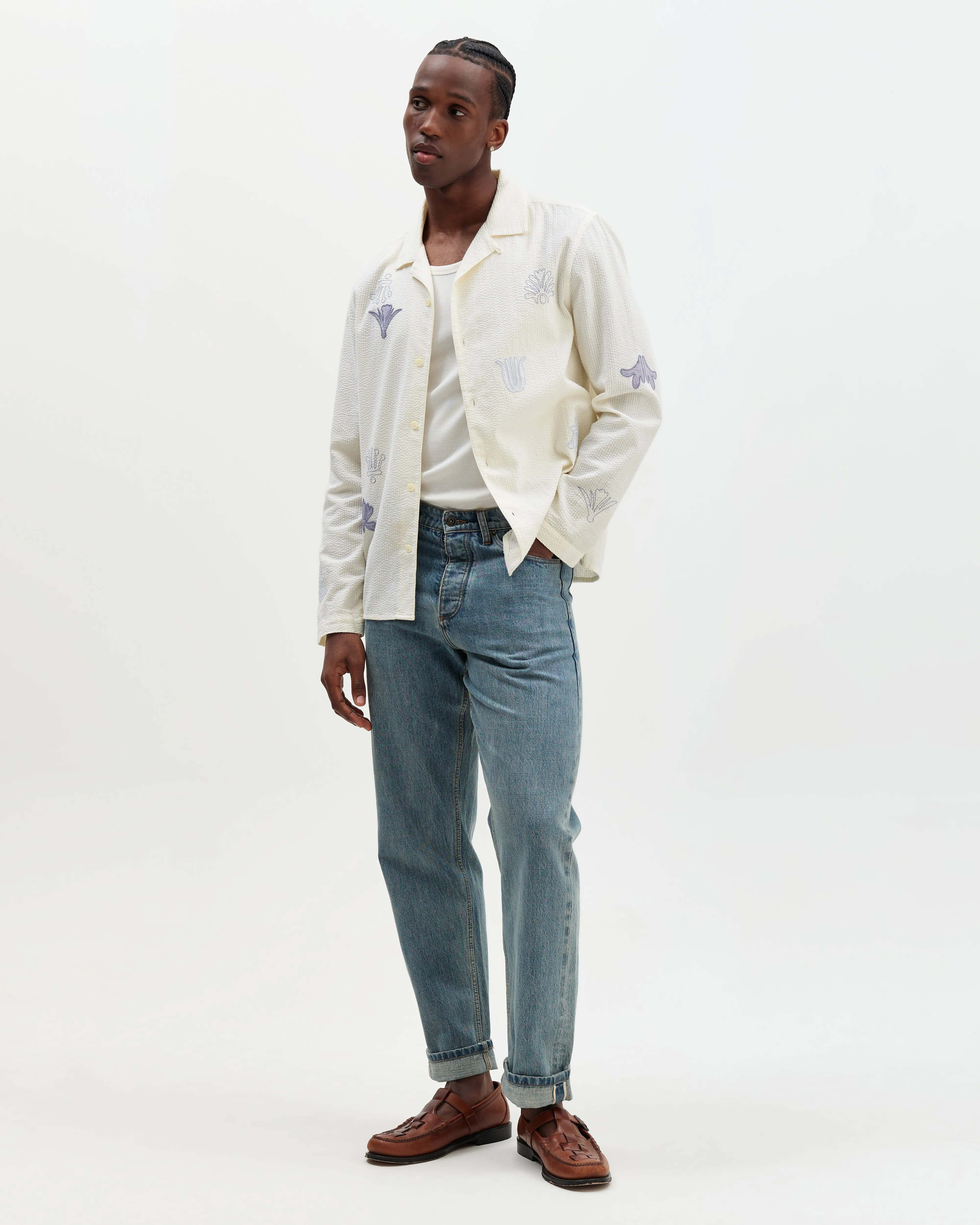 Corey - Ecru And Blue Doodle Cotton-Seersucker Shirt sold by Wax London product image thumbnail 4
