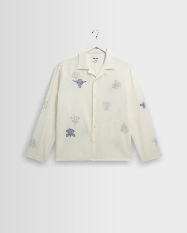 Corey - Ecru And Blue Doodle Cotton-Seersucker Shirt made by Wax London