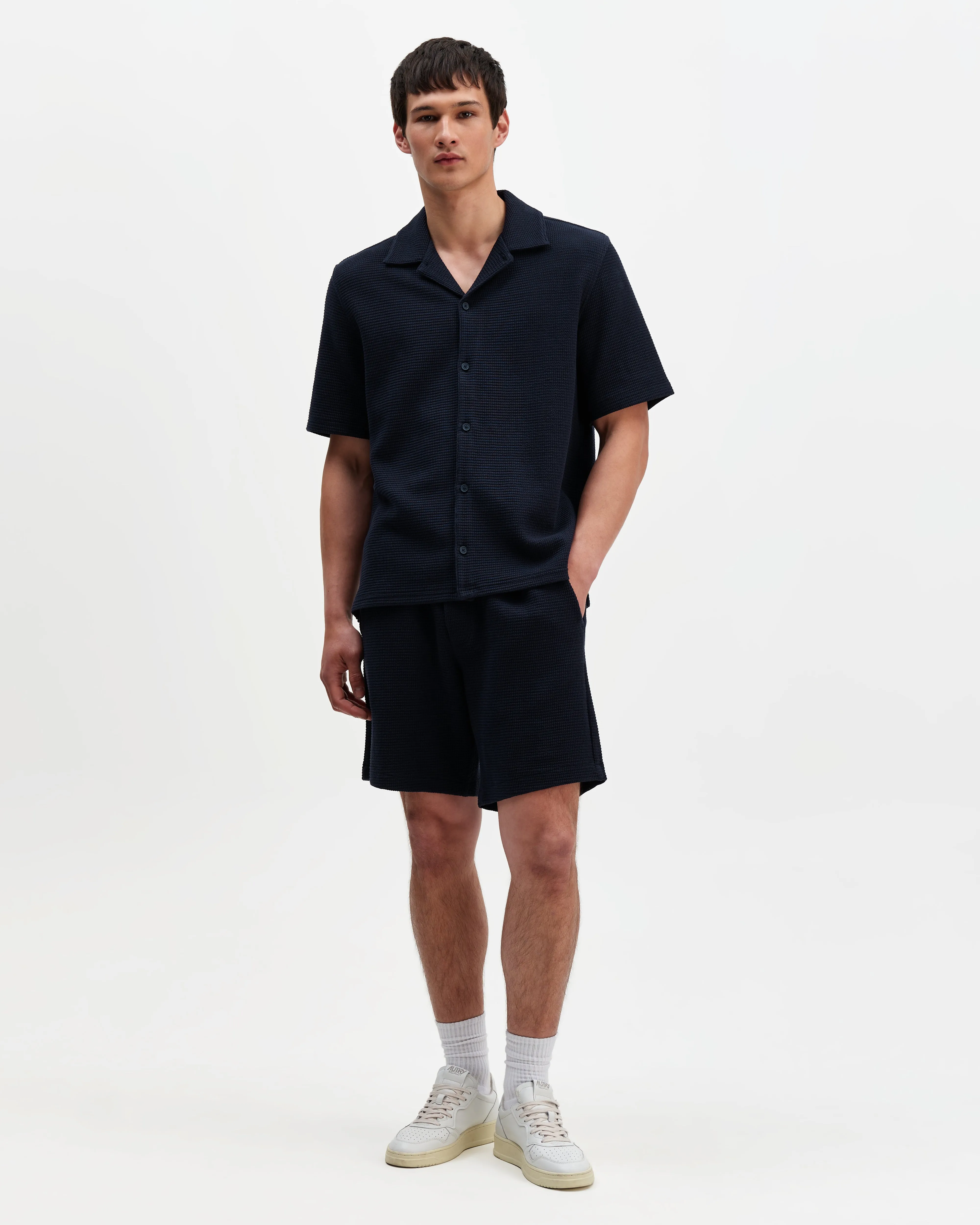 Clayland - Navy Textured Waffle Short-Sleeve Shirt sold by Wax London product image thumbnail 4