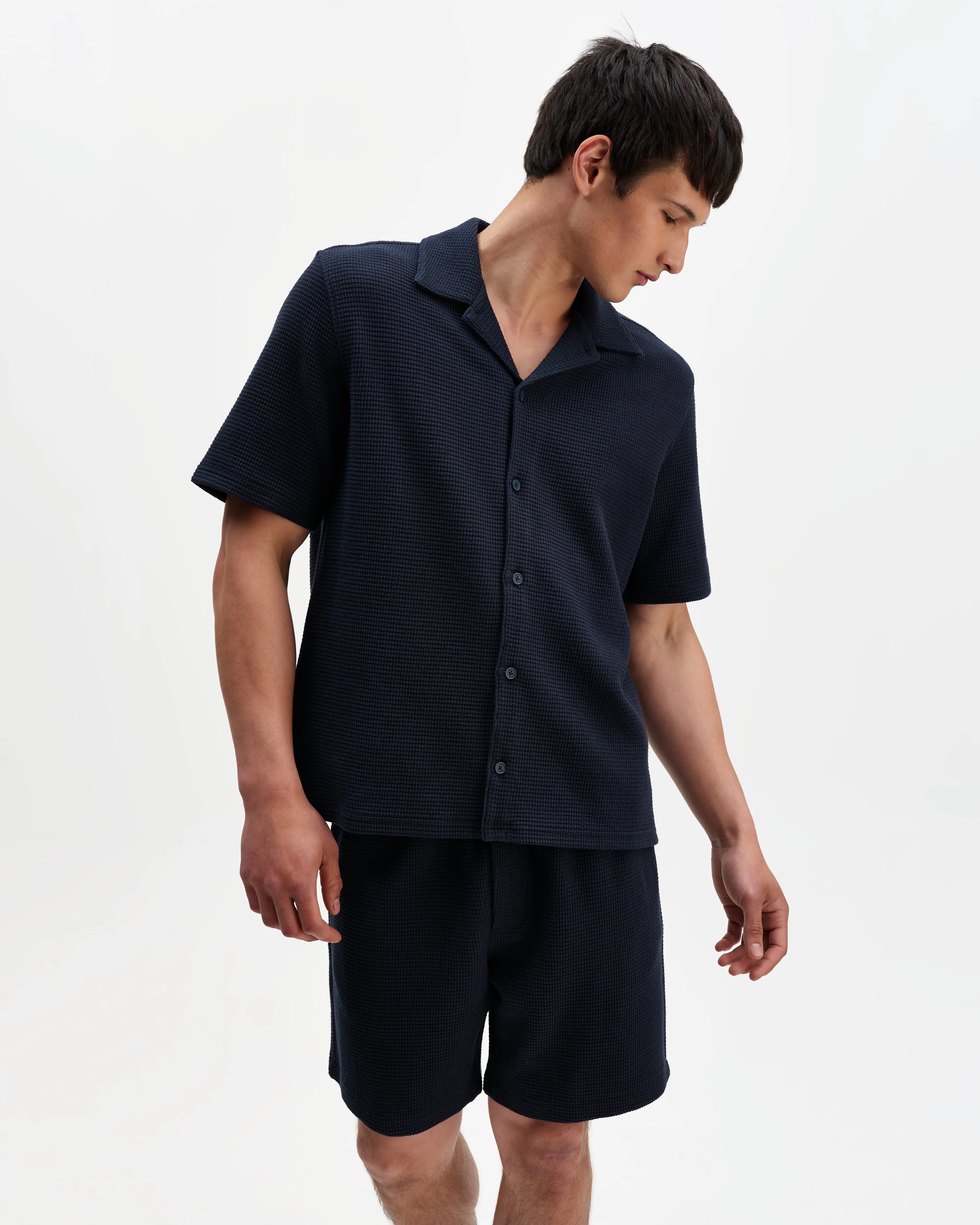 Clayland - Navy Textured Waffle Short-Sleeve Shirt sold by Wax London product image thumbnail 2