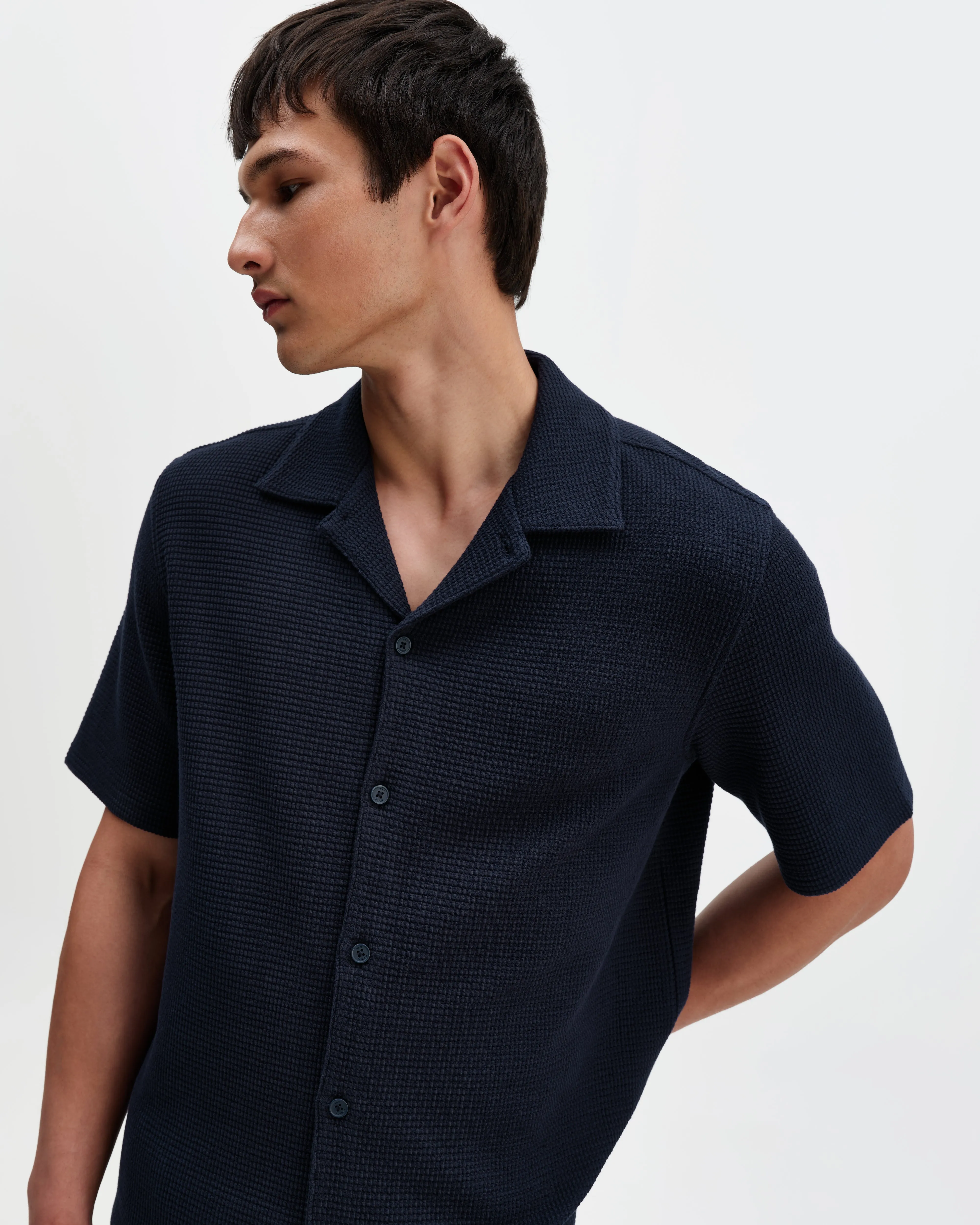 Clayland - Navy Textured Waffle Short-Sleeve Shirt sold by Wax London product image thumbnail 3