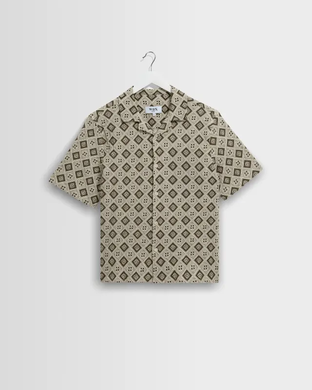 Didcot - Ecru And Black Tile Print Short-Sleeve Shirt made by Wax London