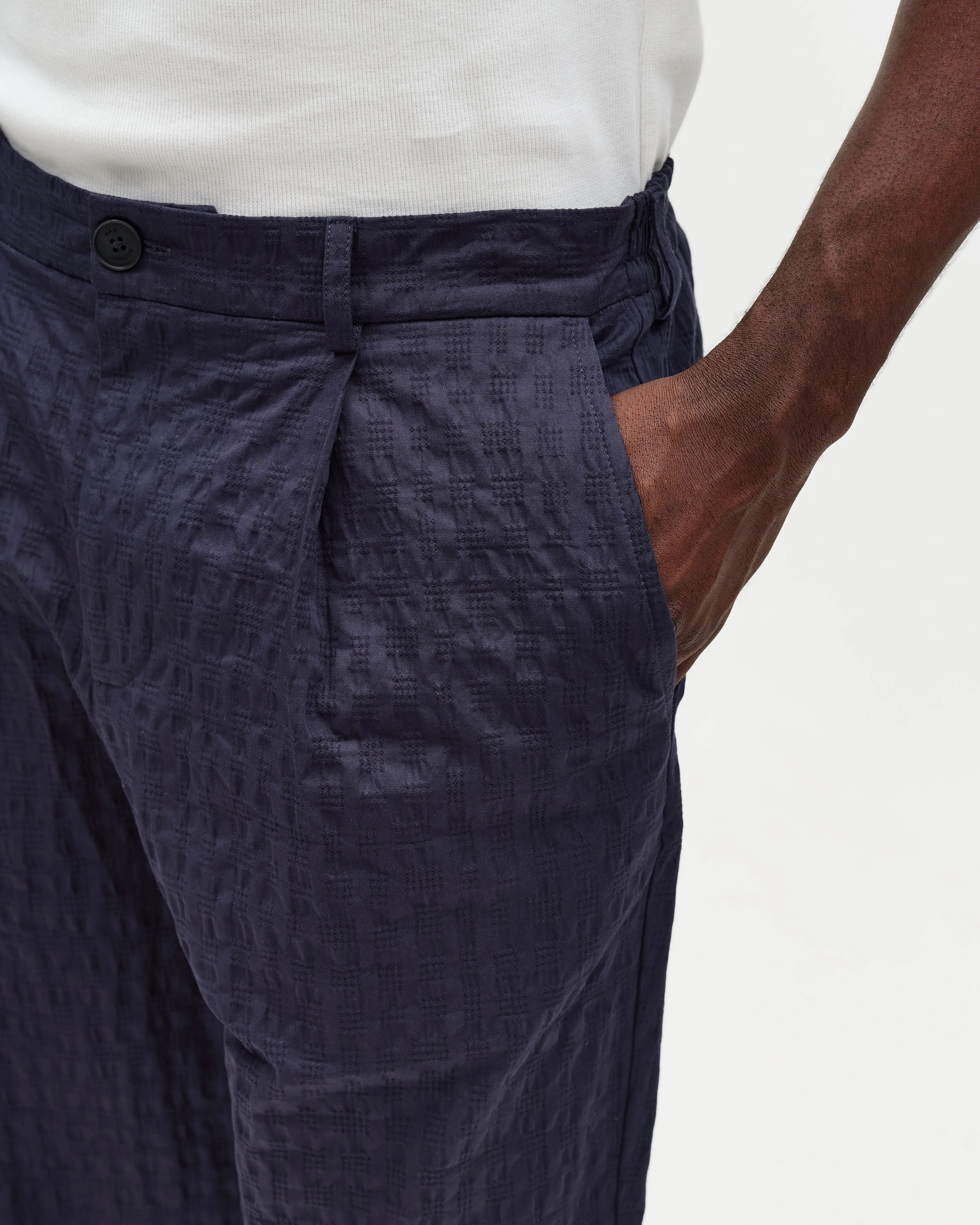 Malham - Navy Dobby Cotton Wide Fit Trousers sold by Wax London product image thumbnail 4