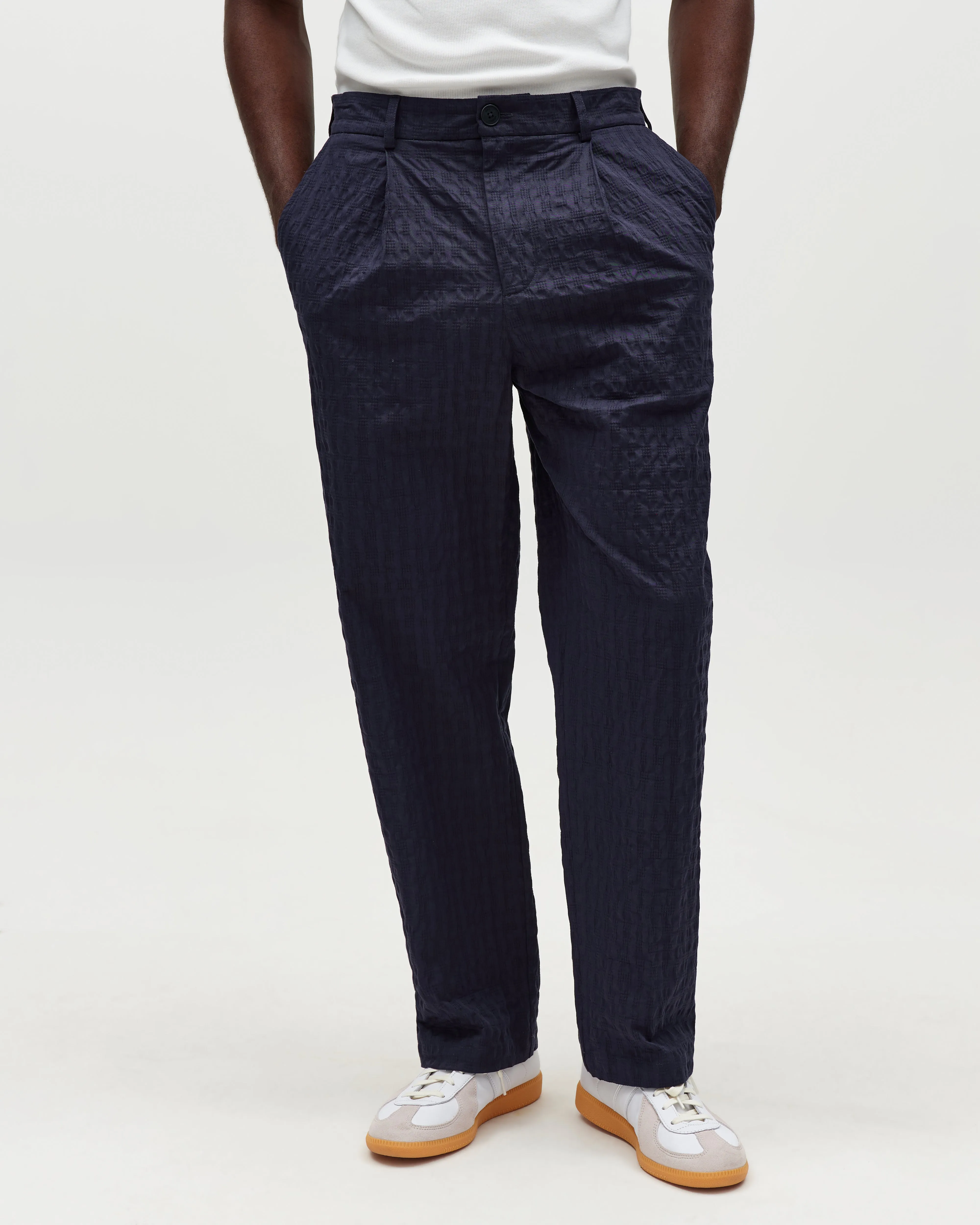 Malham - Navy Dobby Cotton Wide Fit Trousers sold by Wax London product image thumbnail 2