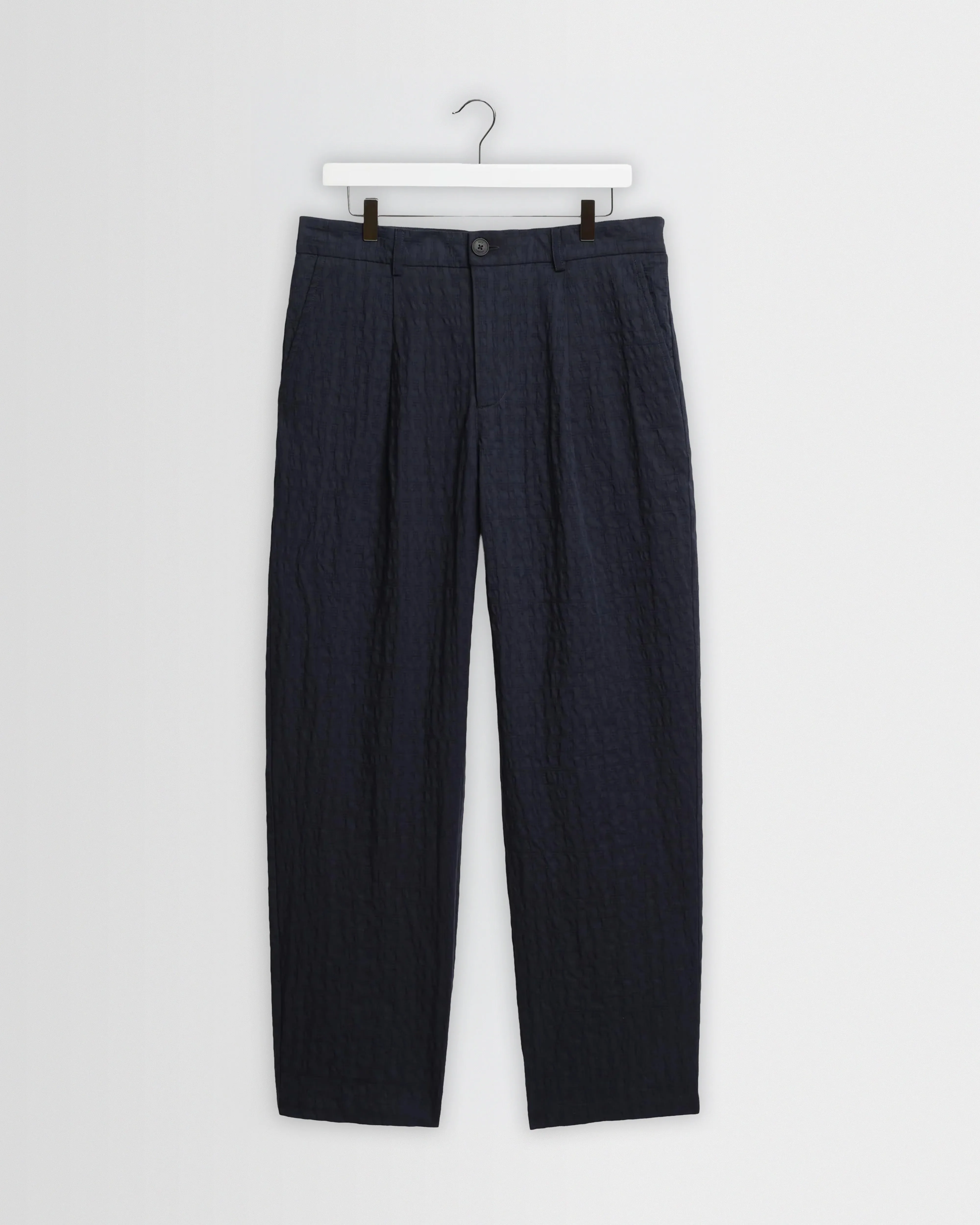 Malham - Navy Dobby Cotton Wide Fit Trousers sold by Wax London